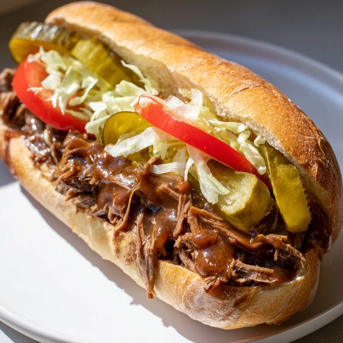 Freshly assembled Roast Beef Po Boy sandwiches with tender shredded beef, rich gravy, crisp lettuce, tomato, and pickles on crusty French bread.