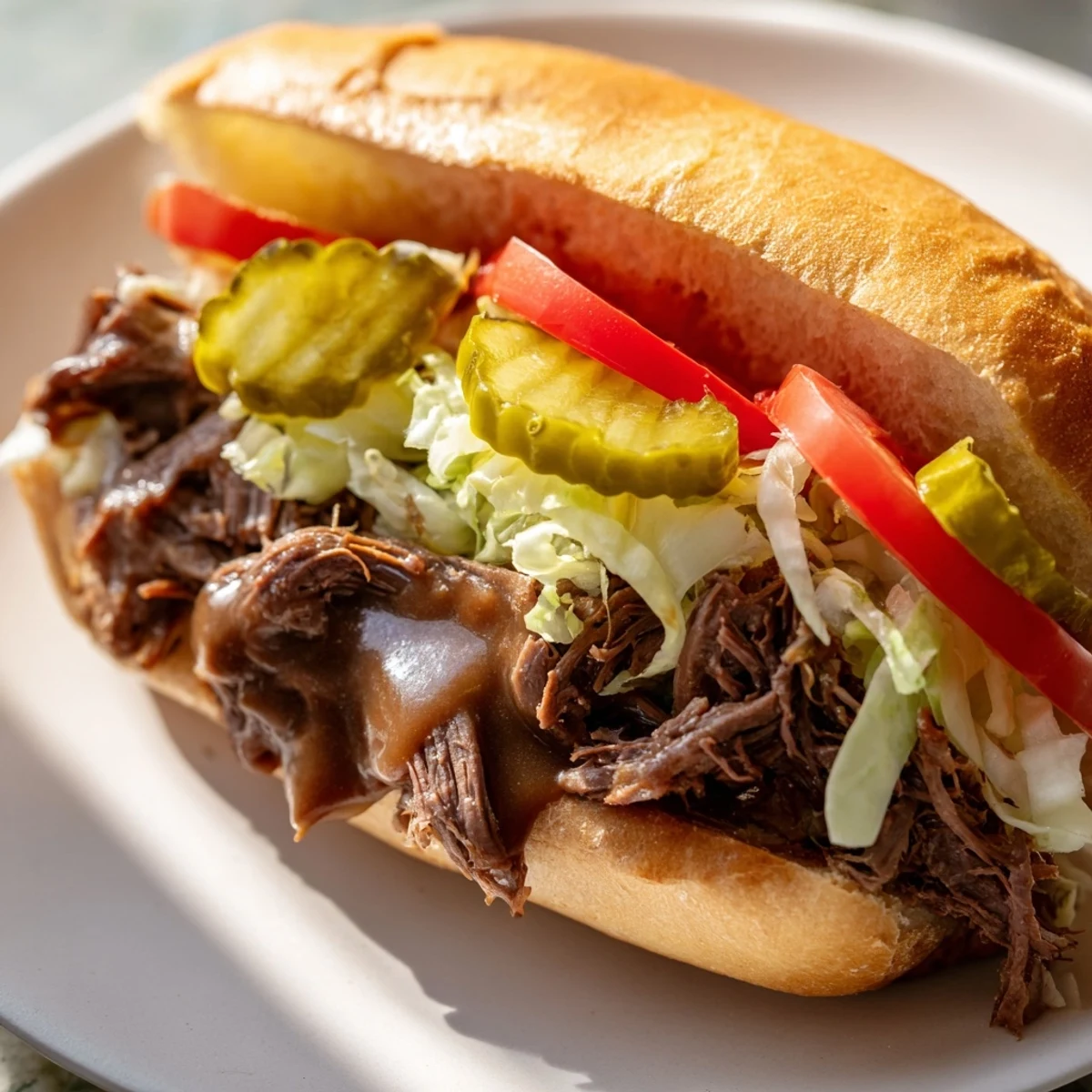 A close-up view of a Roast Beef Po Boy sandwich, showcasing juicy beef, dripping gravy, and vibrant fresh vegetables inside a toasted hoagie roll.