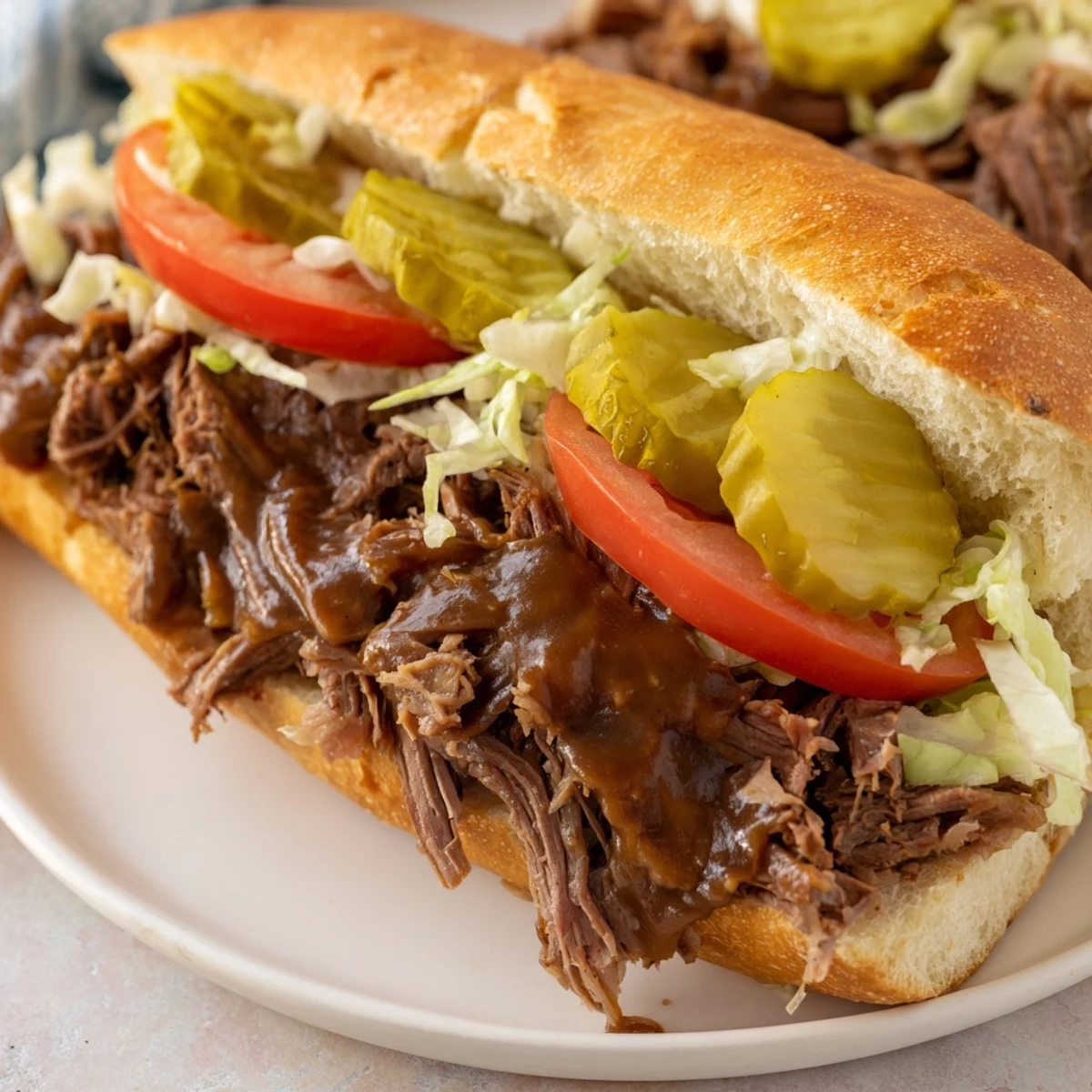 Golden French bread holds a hearty Roast Beef Po Boy, piled high with succulent shredded meat, lettuce, tomato, and pickles on a rustic plate.