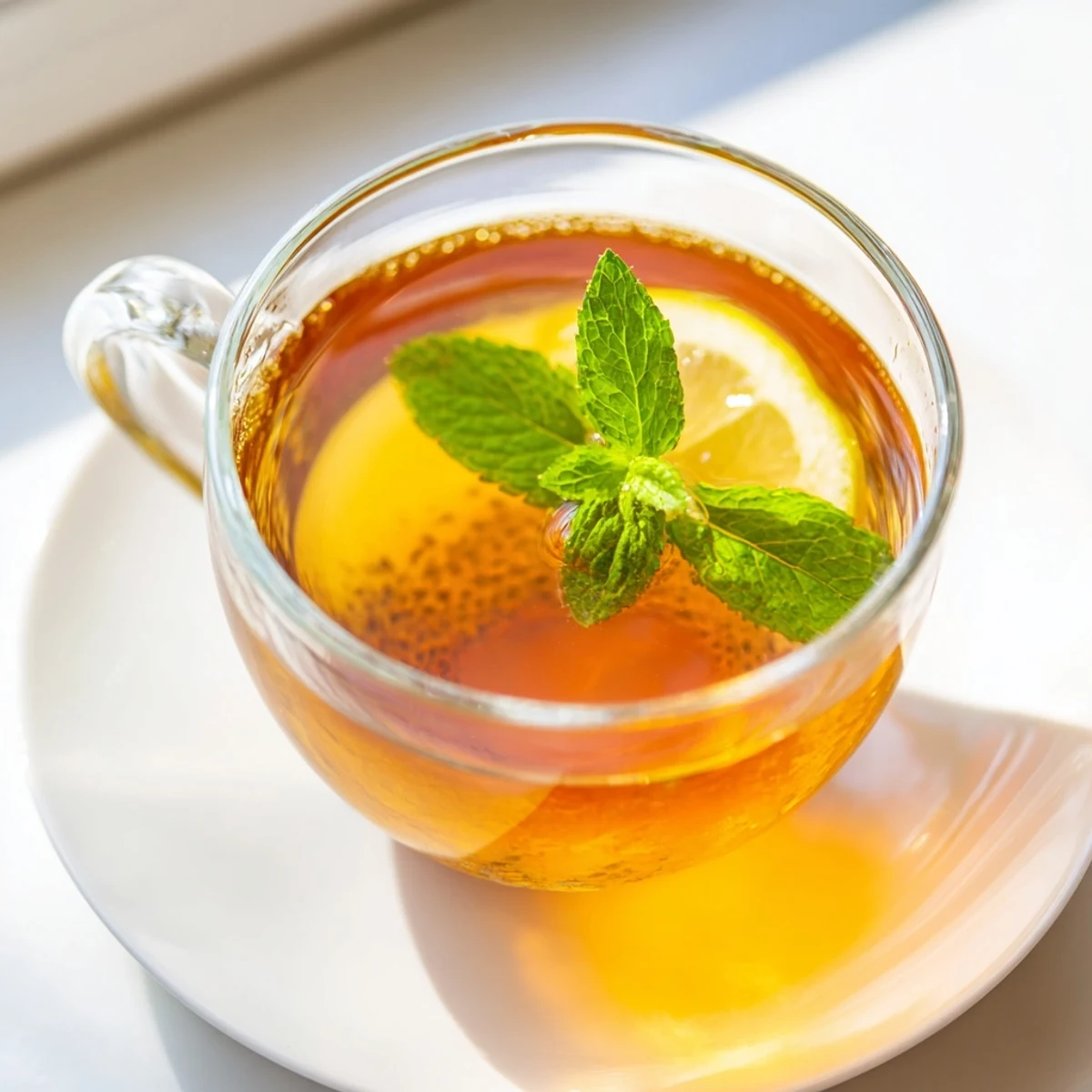 A close-up of steaming Mint Tea with Honey and Lemon in a glass mug, garnished with fresh mint leaves and a bright lemon slice.