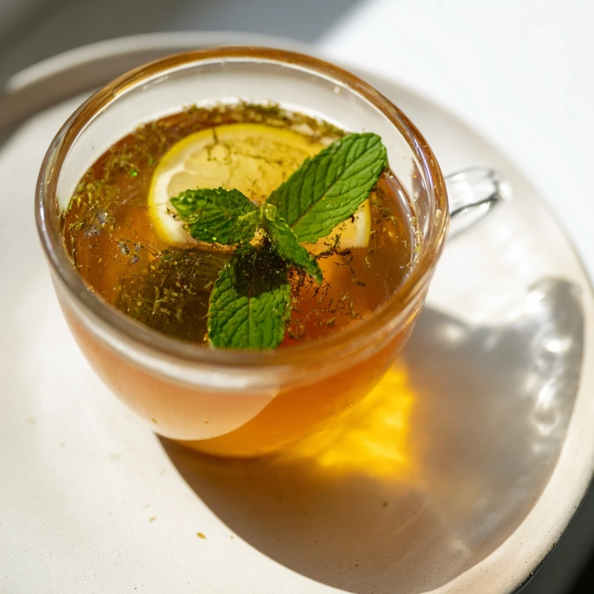 Mint Tea with Honey and Lemon in a rustic mug on a wooden table, steam rising beside a honey dipper and lemon wedge.
