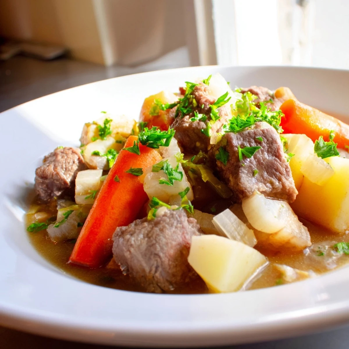 A hearty bowl of Lamb Stew with Root Vegetables, featuring tender lamb, carrots, and parsnips in a thick, aromatic broth. 