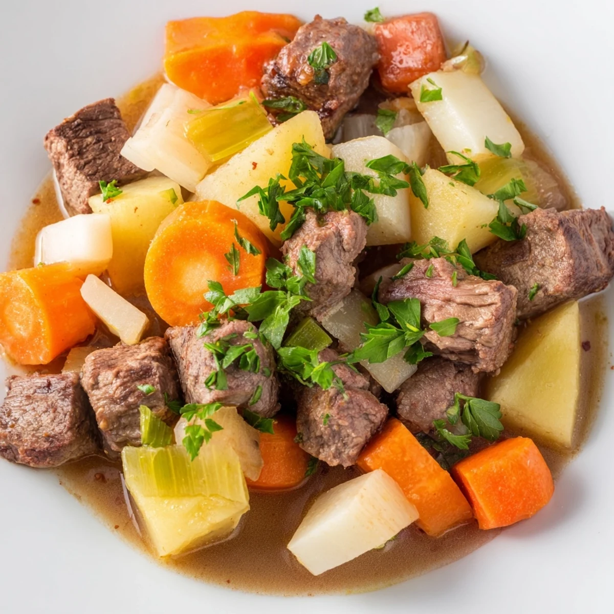 Lamb Stew with Root Vegetables simmered in a Dutch oven, bubbling with savory herbs and served over creamy mashed potatoes. 