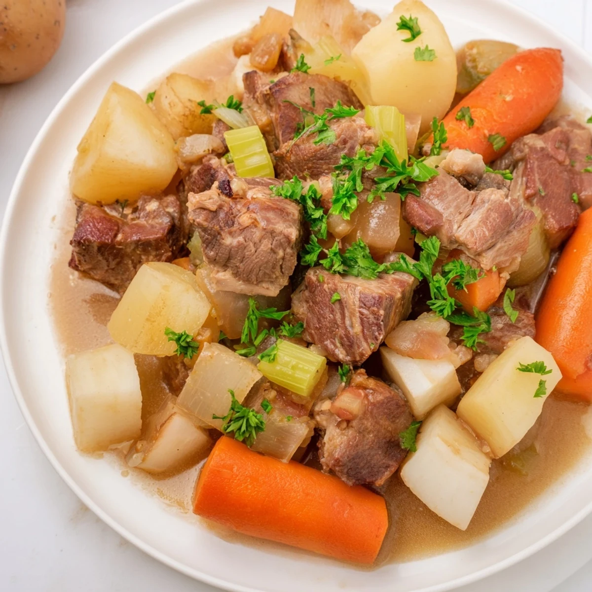 Fork-tender Lamb Stew with Root Vegetables garnished with fresh parsley, alongside a slice of rustic bread for dipping.