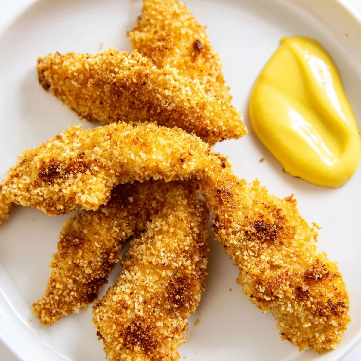 Golden-brown baked chicken tenders with honey mustard sauce, served on a white plate with fresh parsley garnish.