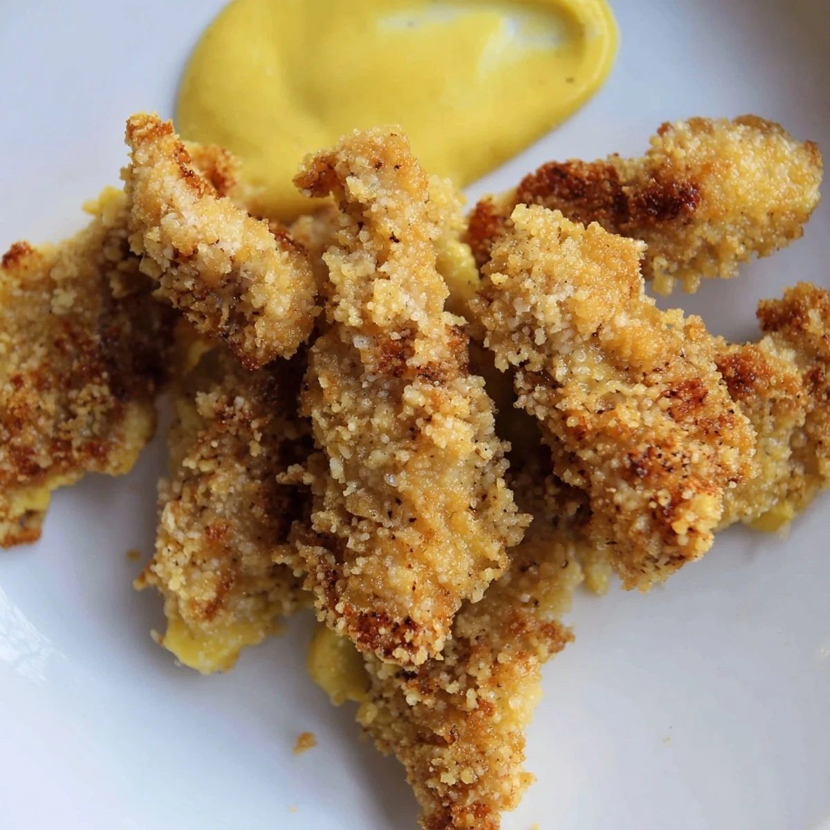 Crispy, oven-baked chicken tenders with a side of tangy homemade honey mustard dipping sauce.