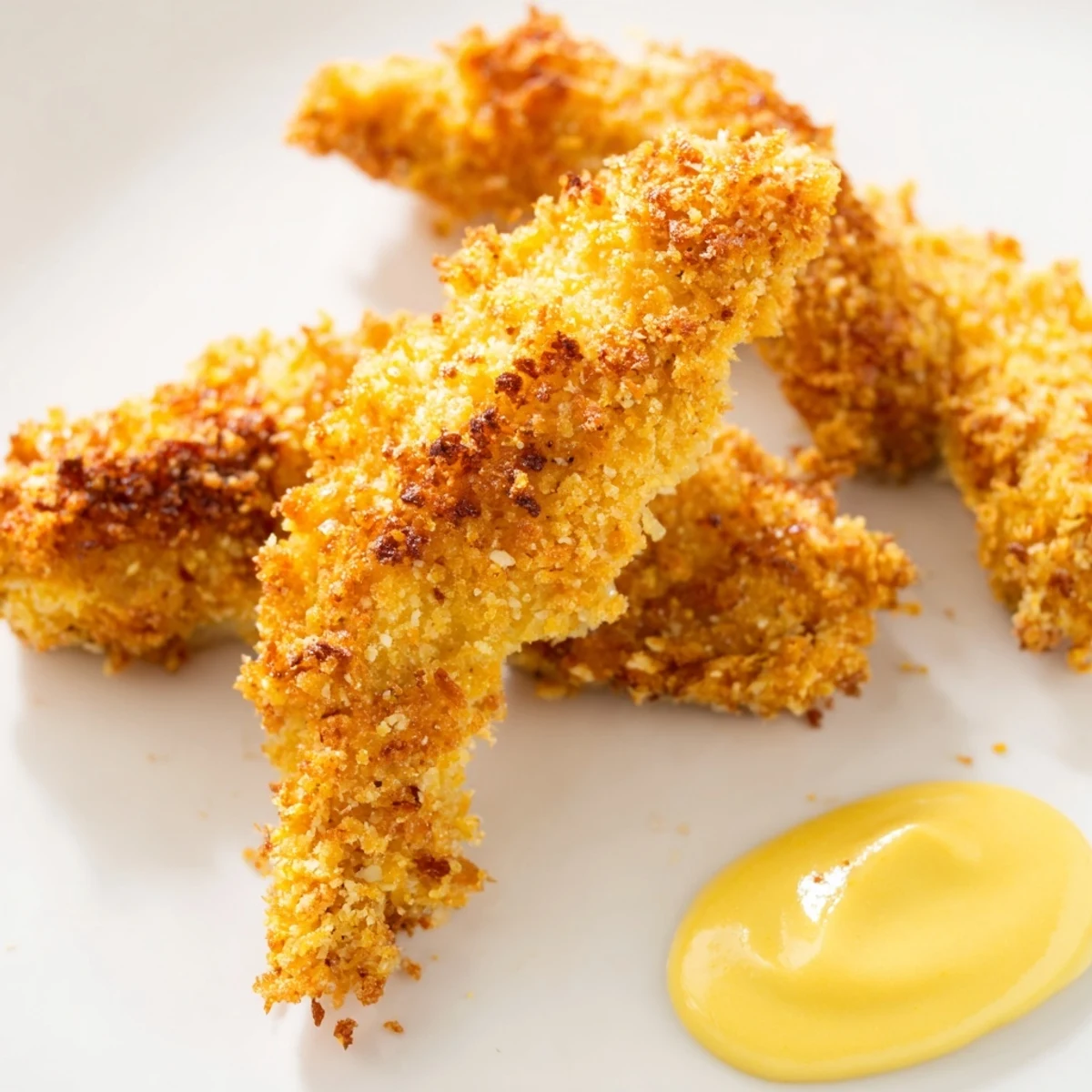 Family-style serving of juicy chicken tenders and creamy honey mustard sauce, perfect for a weeknight dinner.