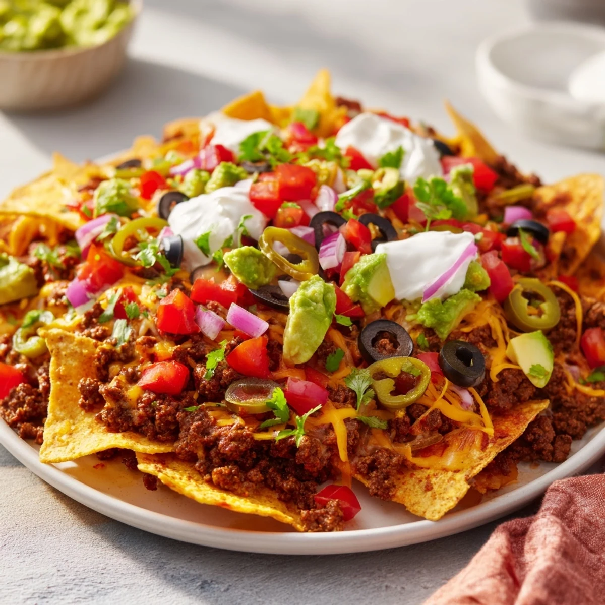 Golden-brown melted cheese blankets seasoned ground beef and crispy tortilla chips in this classic Nachos Supreme, topped with fresh tomatoes, onions, and a dollop of cool sour cream.