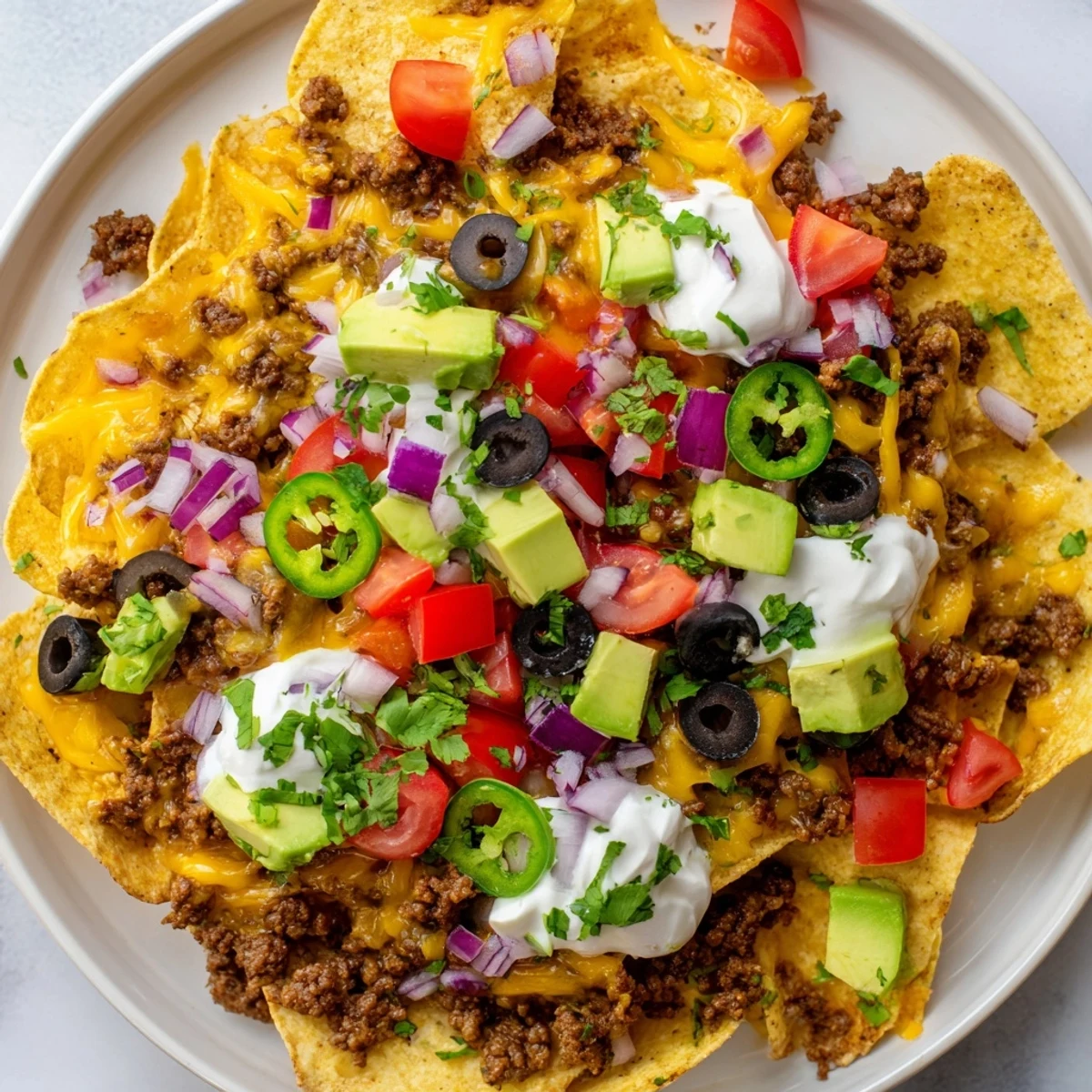 Fresh cilantro and a squeeze of lime juice garnish these hot Nachos Supreme, layered with savory beef and crunchy chips, ready for serving at your next party.