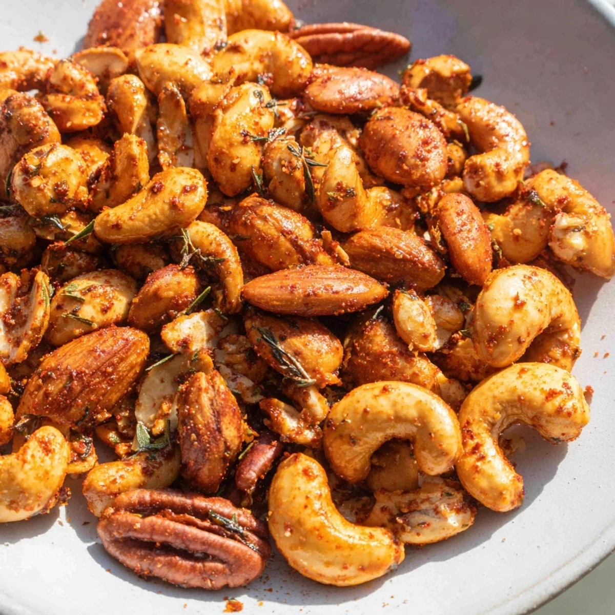 Golden-brown Spicy Nuts Mix with Cajun seasoning spill from a ceramic bowl onto a dark wood table.