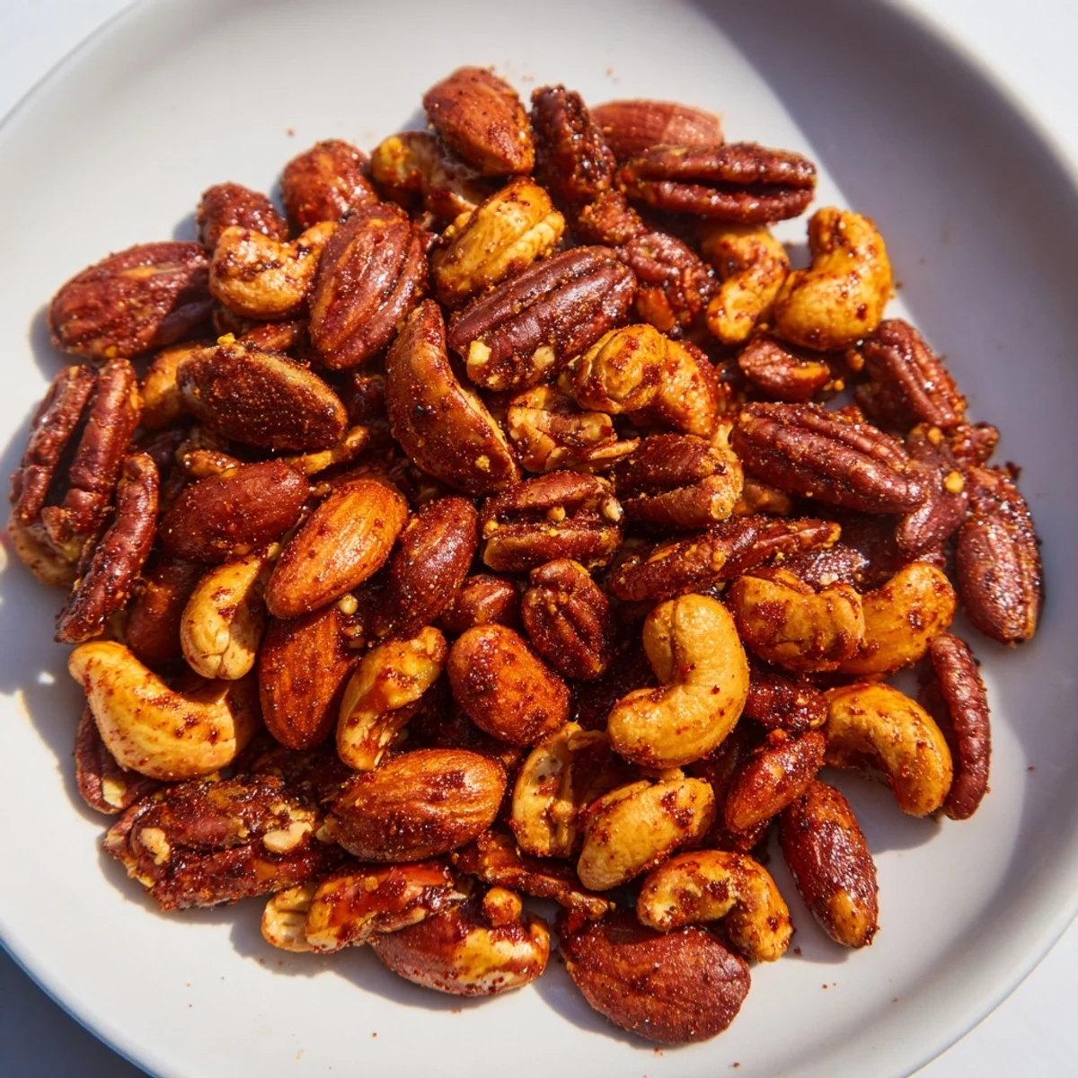 A close-up of the Spicy Nuts Mix, showing roasted cashews and pecans coated in vibrant Cajun spices.