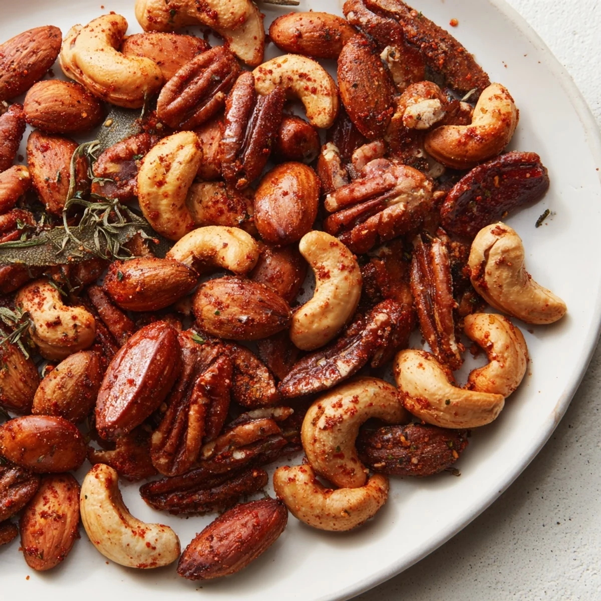 The Spicy Nuts Mix is arranged in a rustic serving dish, ready for a party snack platter.