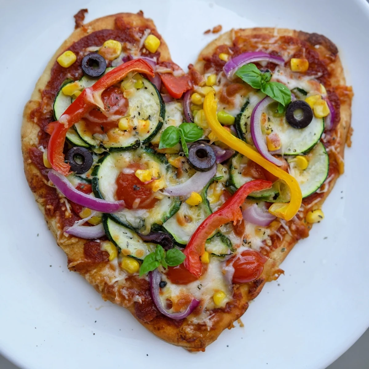 A sliced piece of Heart Shaped Vegetable Pizza reveals mozzarella and fresh vegetables on a heart crust.