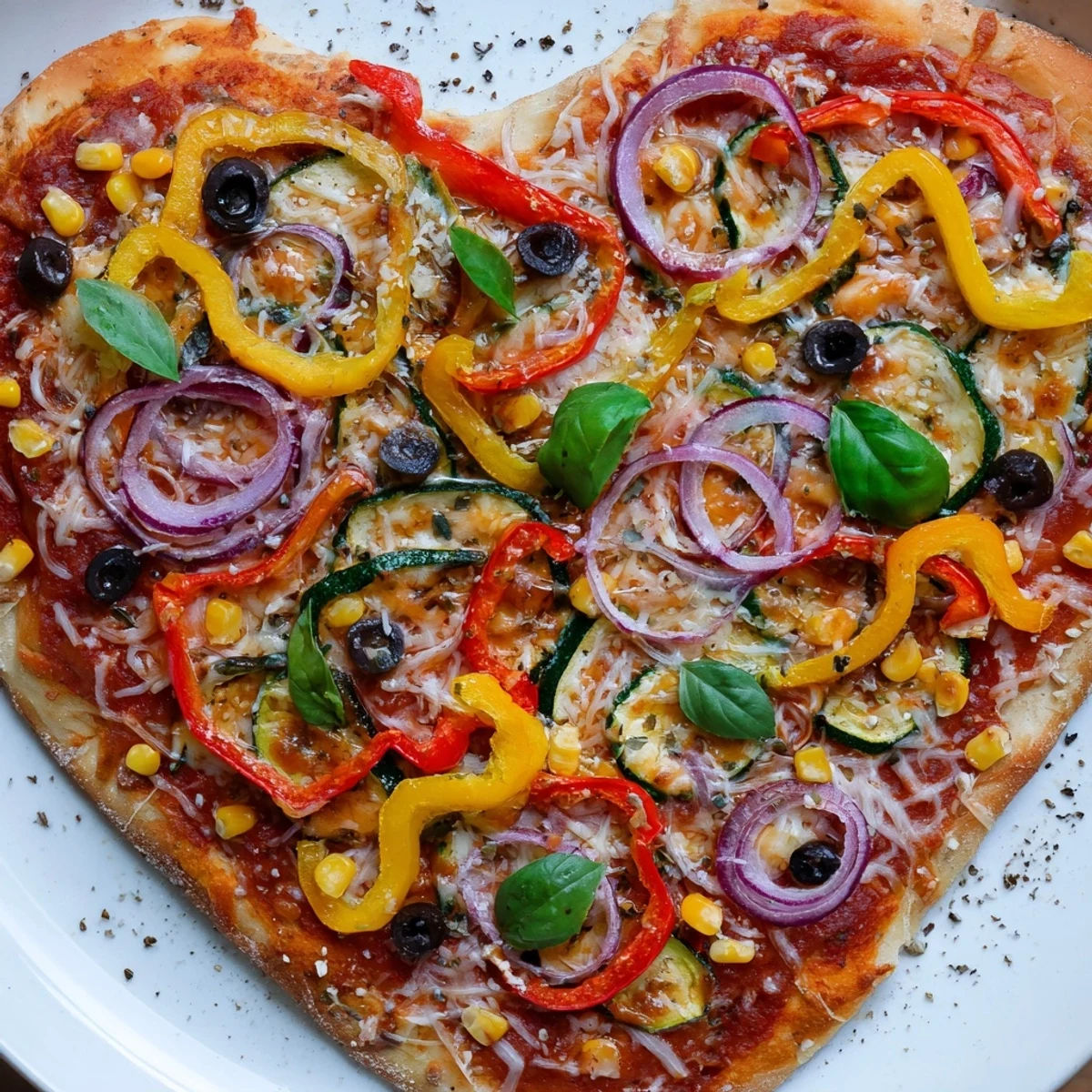 Golden, crispy Heart Shaped Vegetable Pizza topped with colorful bell peppers, zucchini, and cherry tomatoes.