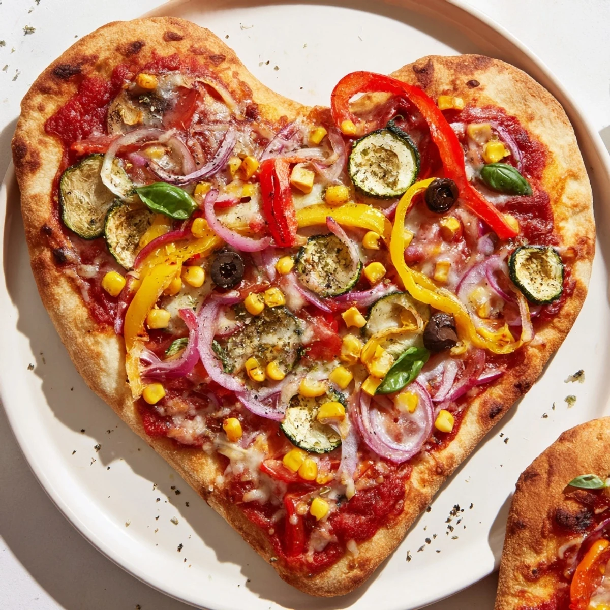 Heart Shaped Vegetable Pizza on a wooden board with torn basil leaves, ready for a festive dinner.