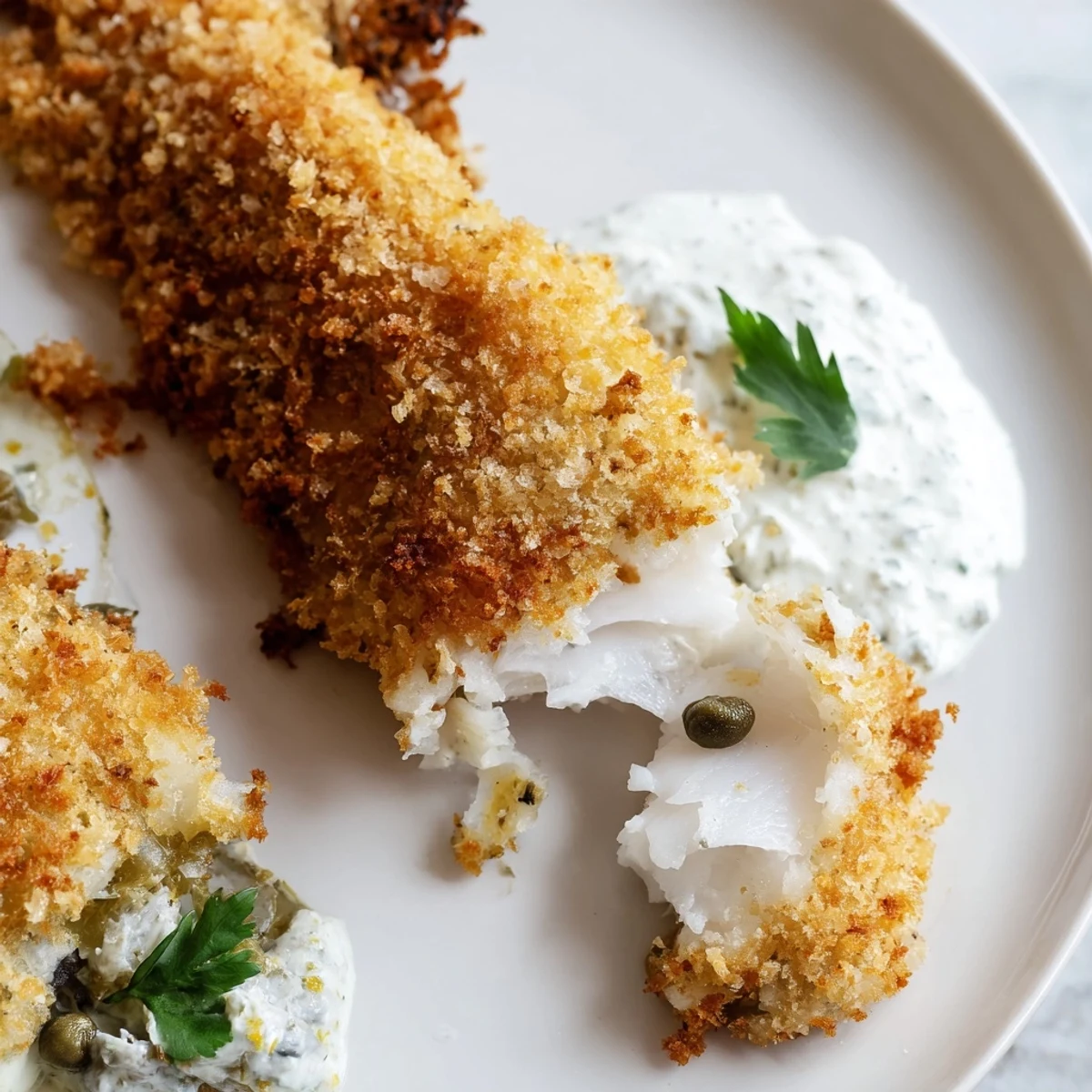 Crispy golden Fish Fry with Tartar Sauce fillets rest on a wire rack, steam rising from their crunchy, golden-brown crumb coating.