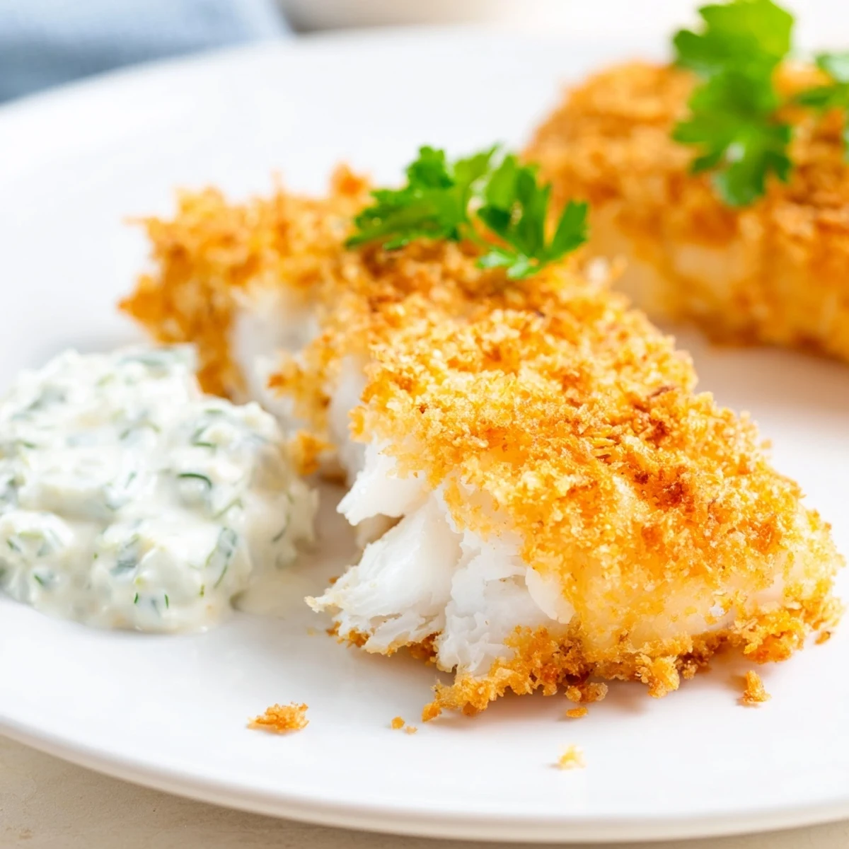 A generous dollop of creamy, homemade tartar sauce accompanies golden Fish Fry fillets, garnished with fresh parsley and tangy lemon wedges.