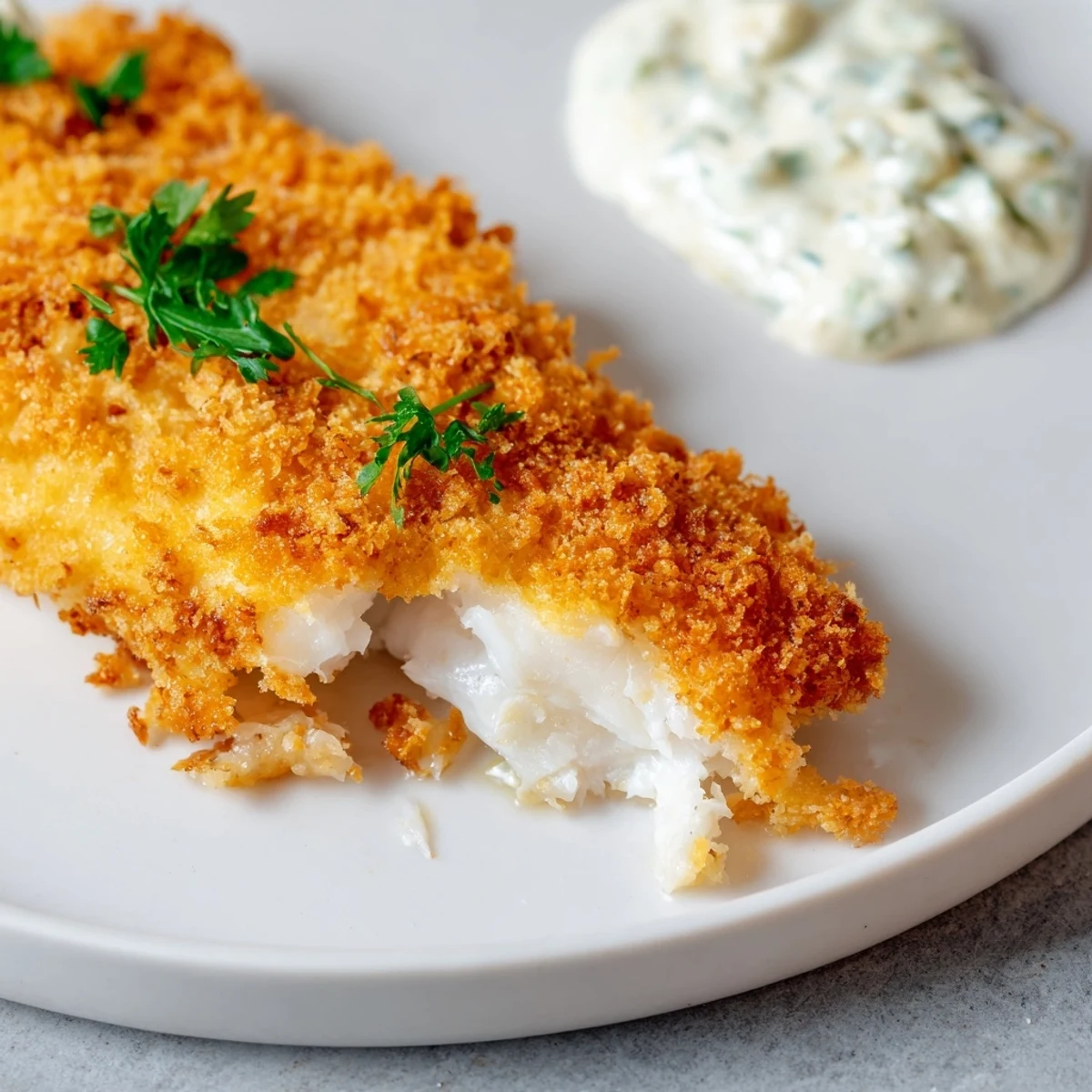 Close-up of golden-brown Fish Fry with Tartar Sauce, showing a flaky white interior and crunchy panko breading beside vibrant green lemon slices.