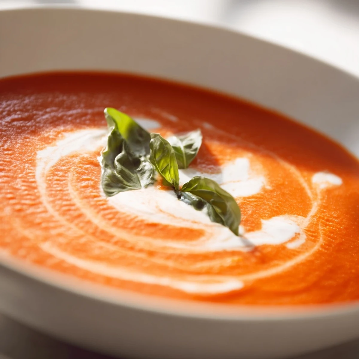 Creamy Tomato Soup with Basil ladled into a white bowl, garnished with fresh basil leaves, paired with a grilled cheese sandwich for a comforting meal.