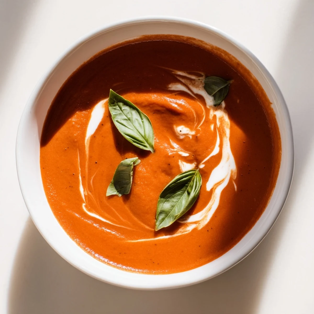 Spoon dipping into velvety Creamy Tomato Soup with Basil, steam rising from the bright red, creamy puree in a rustic ceramic bowl.