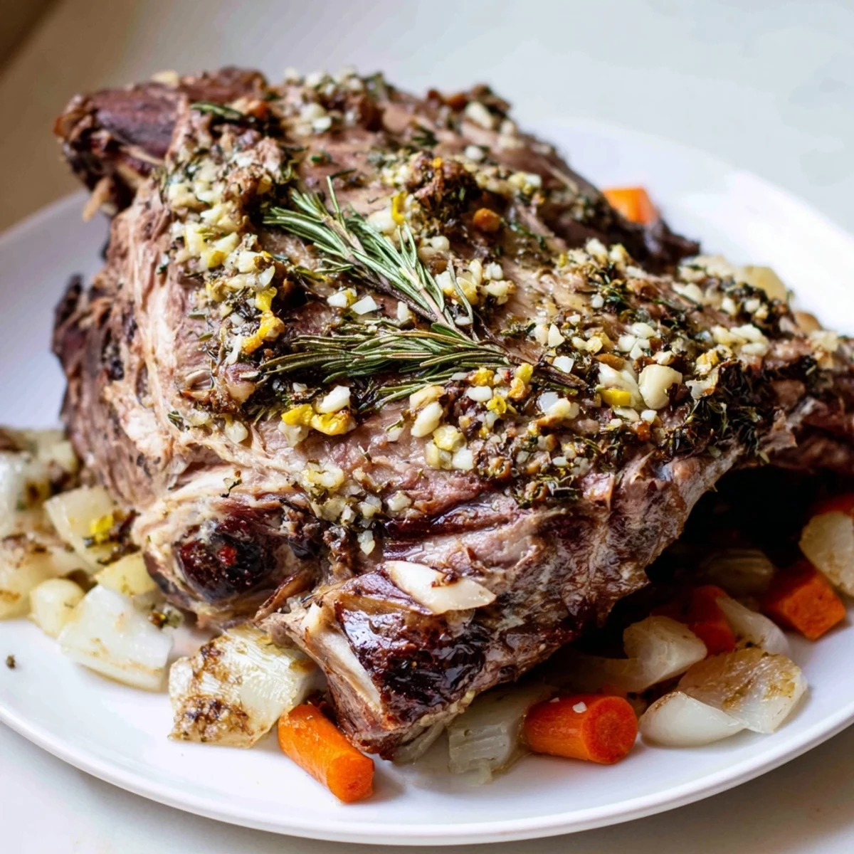 Golden, herb-crusted Roasted Lamb Shoulder with garlic, resting beside roasted root vegetables and pan juices.