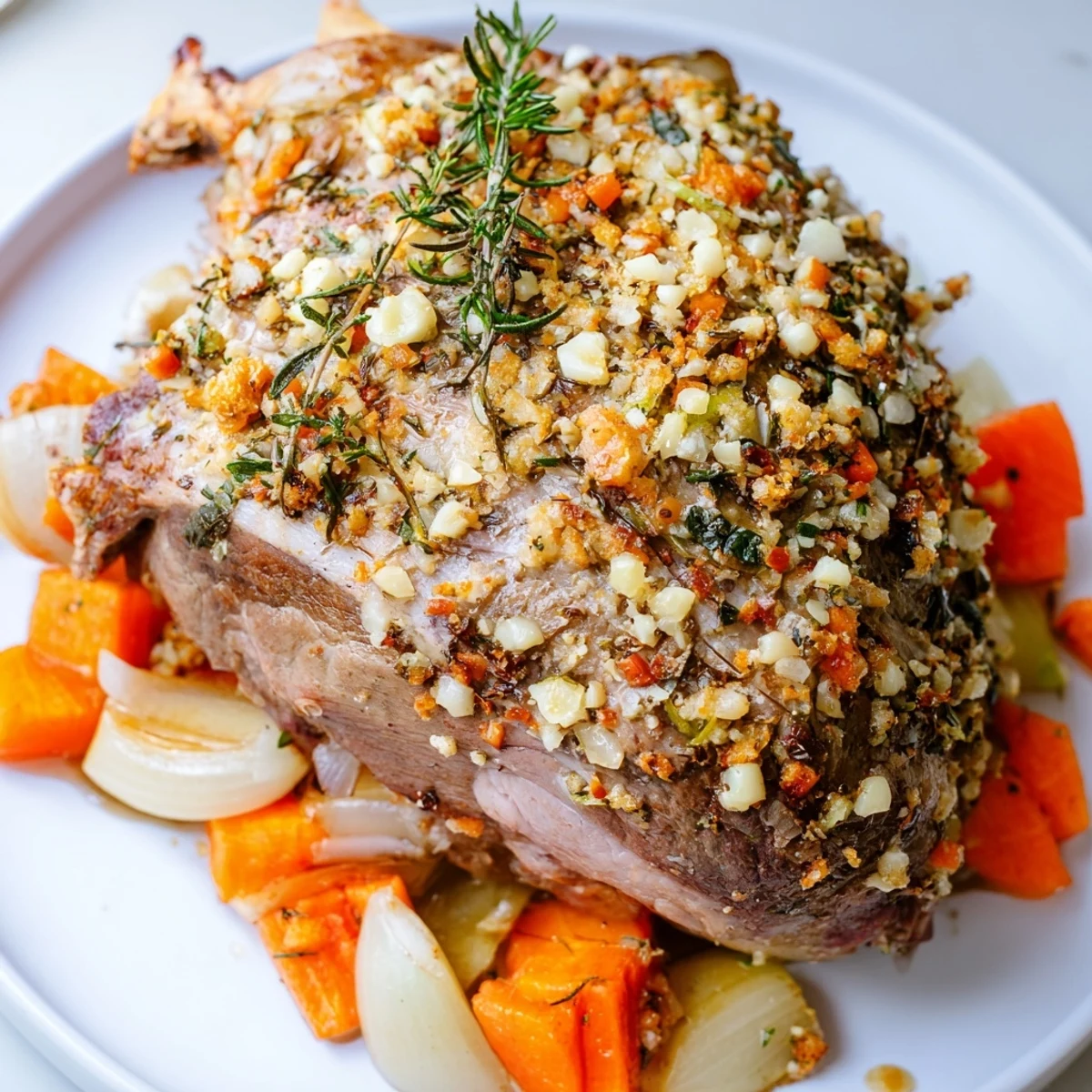Succulent Roasted Lamb Shoulder, sliced to reveal juicy meat, served with carrots and onions.