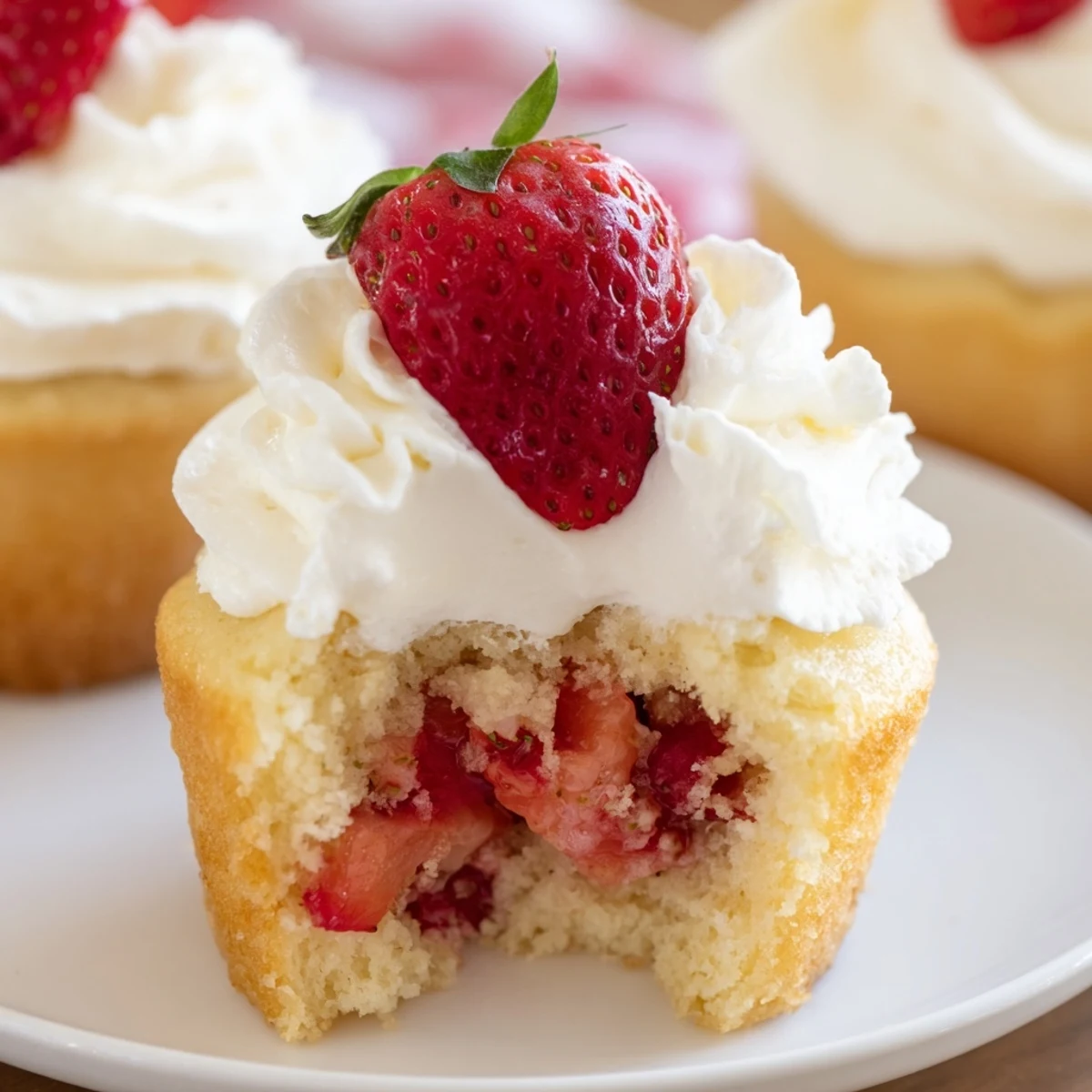 Homemade Strawberry Shortcake Cupcakes filled with sweet berries and piped with clouds of whipped cream.