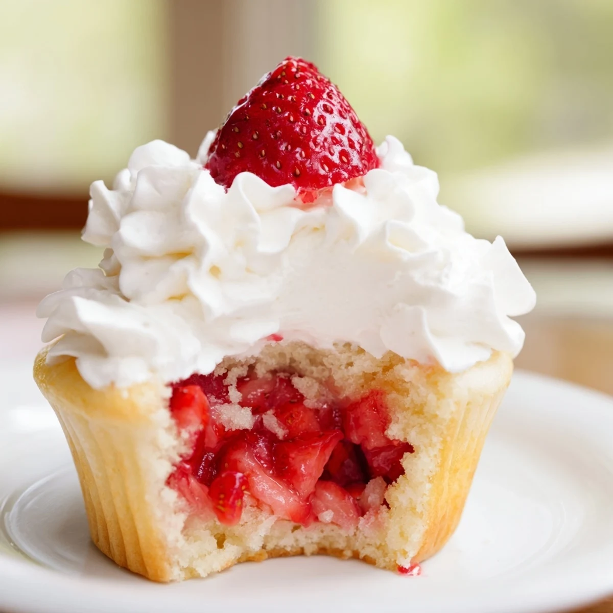 Fresh juicy strawberries peek from inside moist vanilla Strawberry Shortcake Cupcakes with whipped cream.
