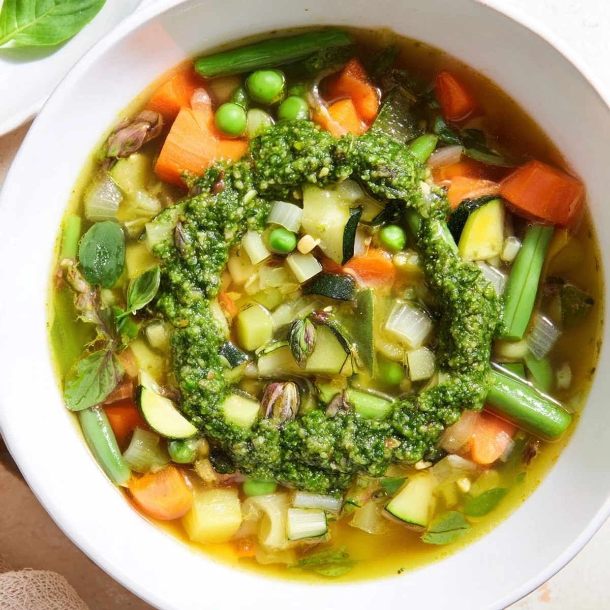 A steaming bowl of Spring Vegetable Soup with Pesto, garnished with fresh basil and a lemon wedge.