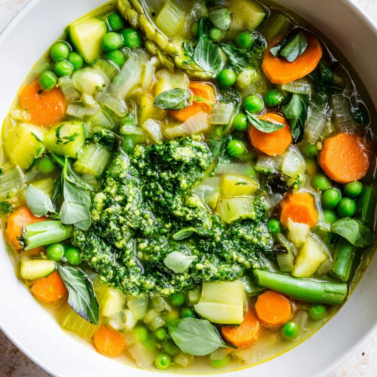 Spring Vegetable Soup with Pesto features vibrant green asparagus and peas swimming in a savory broth.