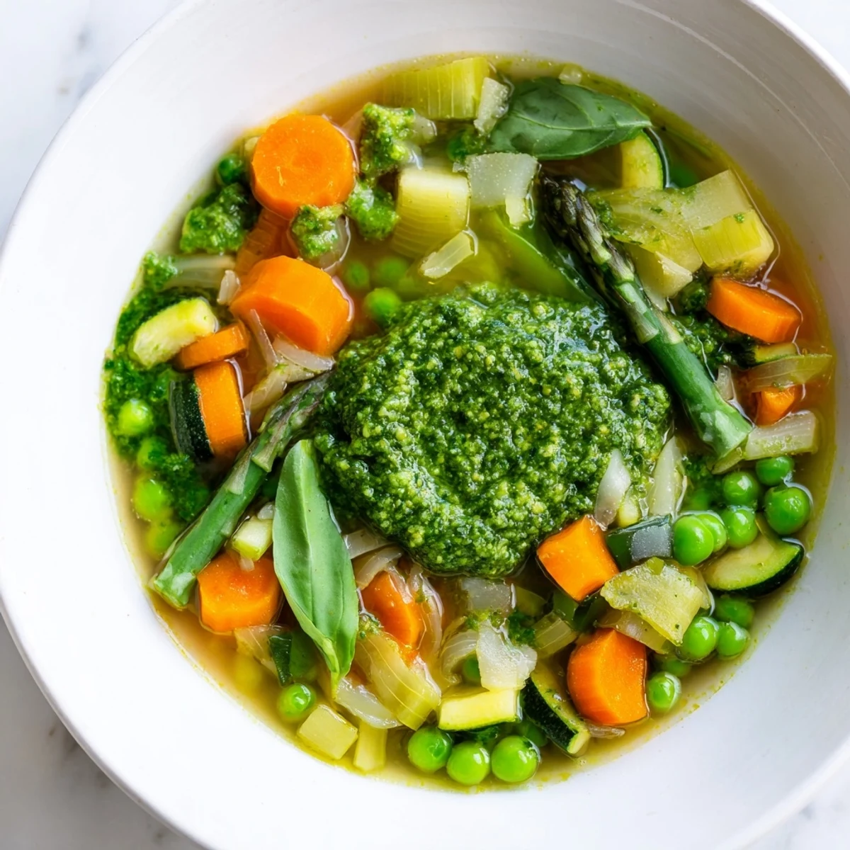 Top-down view of Spring Vegetable Soup with Pesto, accompanied by crusty bread and a Parmesan garnish.