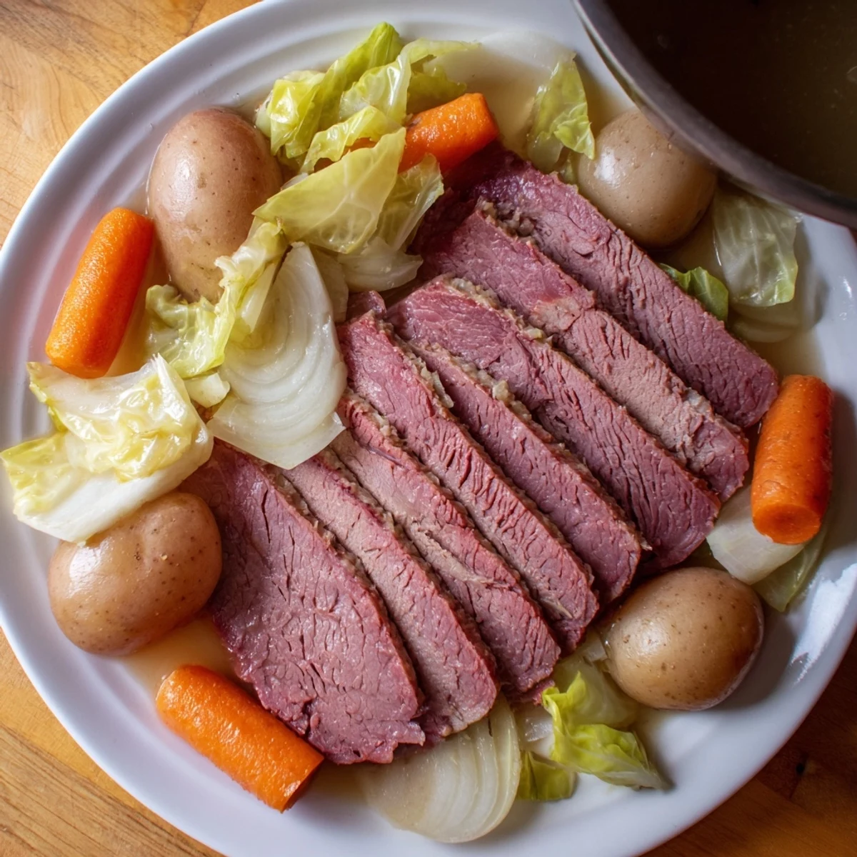 Thick slices of juicy Corned Beef Pot Roast plated with glazed carrots and potatoes.