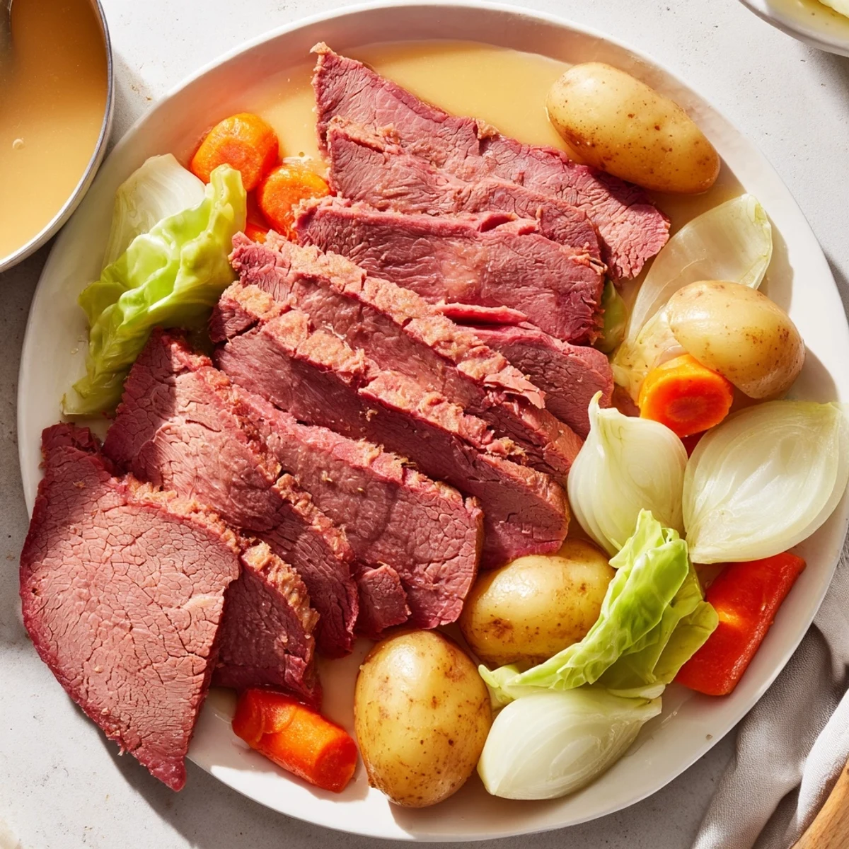 Slow-cooked Corned Beef Pot Roast with tender potatoes, carrots, and cabbage in savory broth.