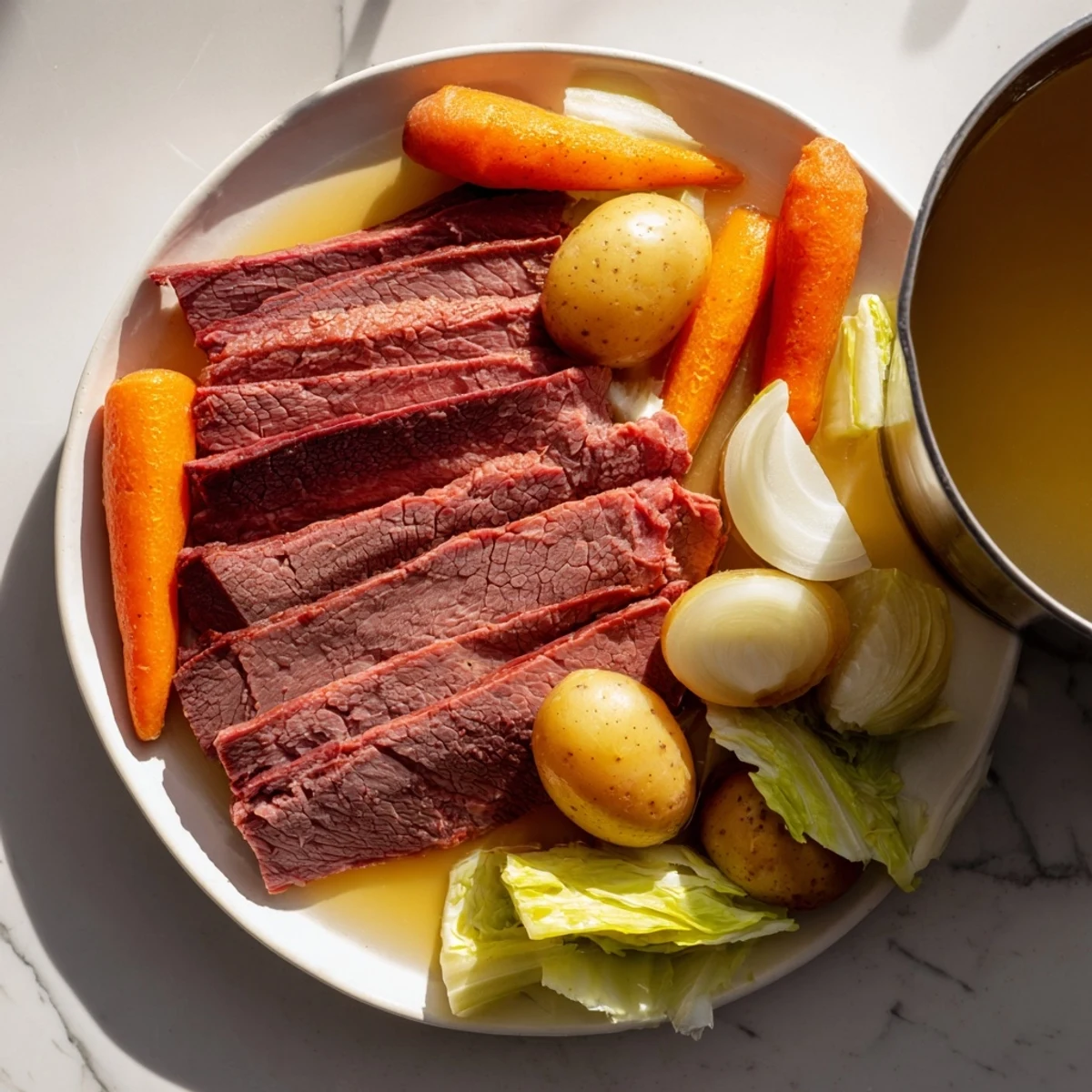 Homestyle Corned Beef Pot Roast served in a Dutch oven with aromatic cooking liquid.
