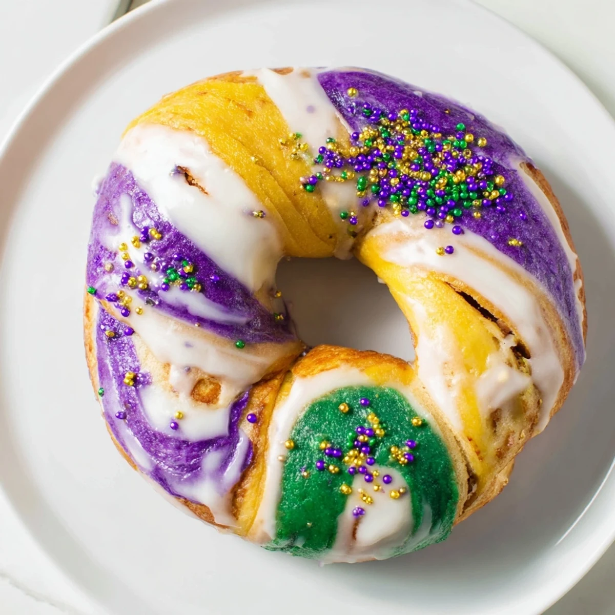 Stack of warm, festive New Orleans-inspired bagels with purple, green, and gold swirls, ready for a celebratory brunch spread.