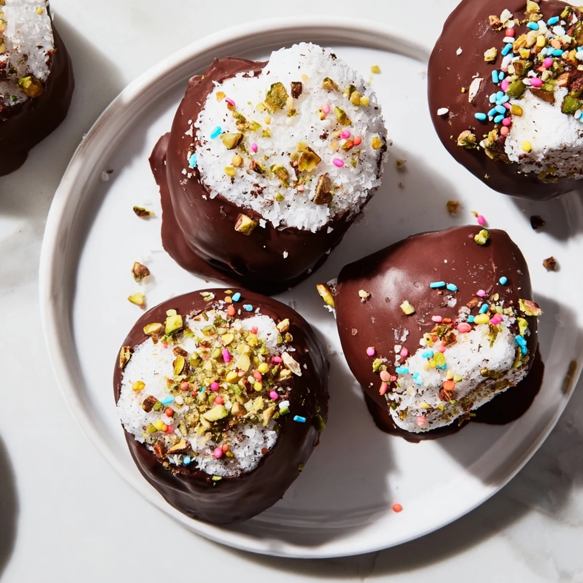 Fluffy white Chocolate Dipped Marshmallows on sticks, topped with chopped pistachios and sprinkles, ready to serve at a party.