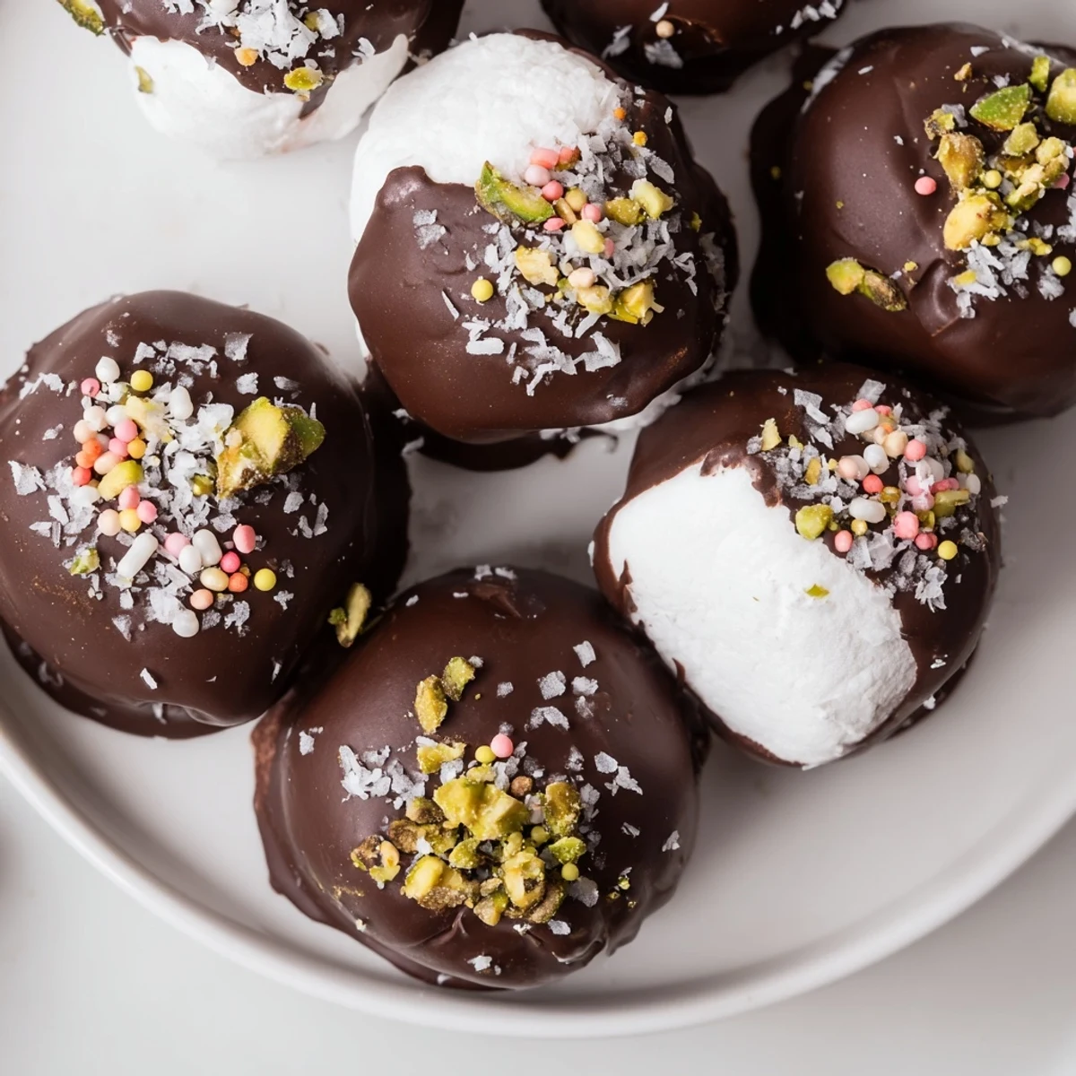 A close-up of Chocolate Dipped Marshmallows with a glossy dark chocolate shell and a sprinkle of flaky sea salt.