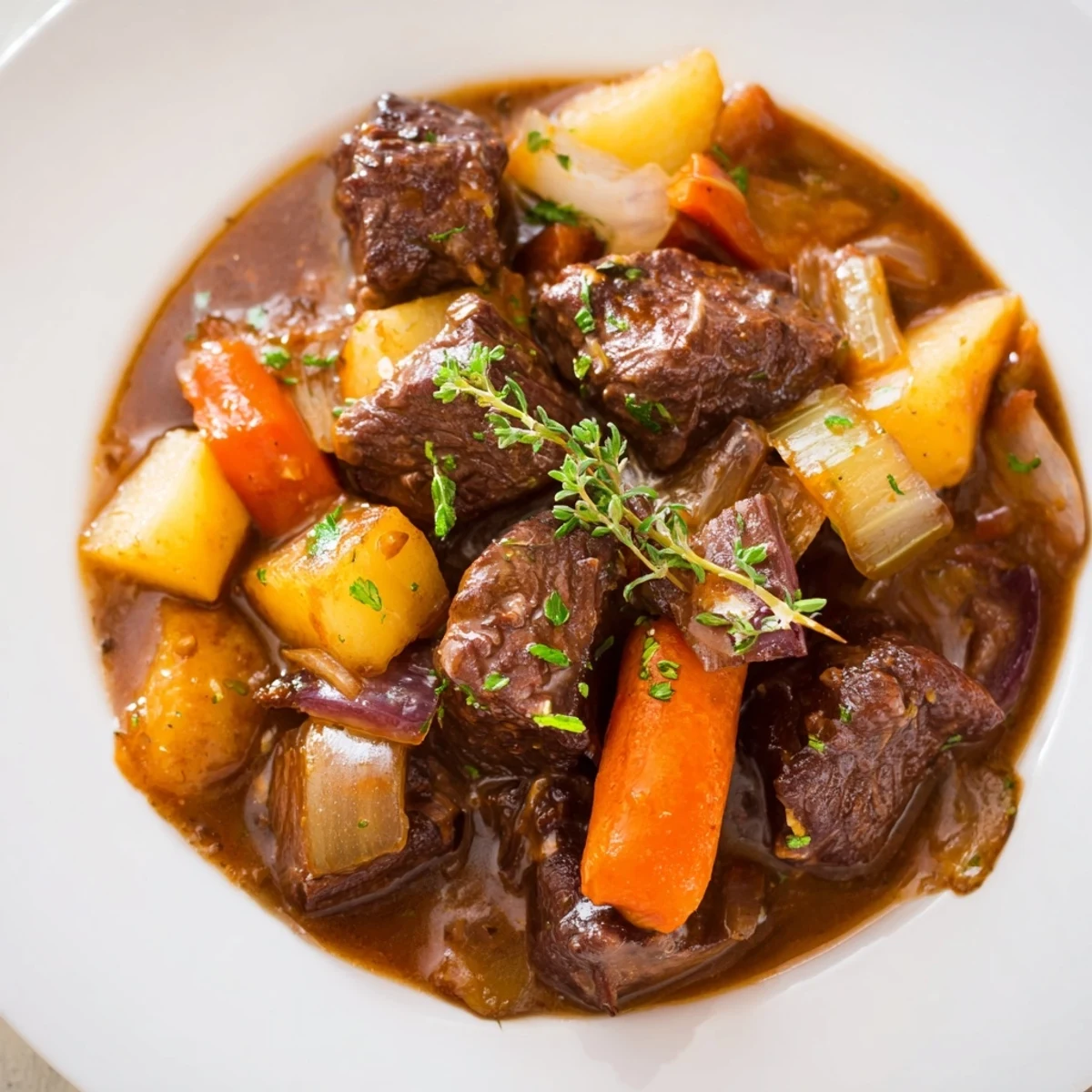 Golden-brown beef cubes and caramelized root vegetables simmering in a rich, glossy broth inside a Dutch oven.