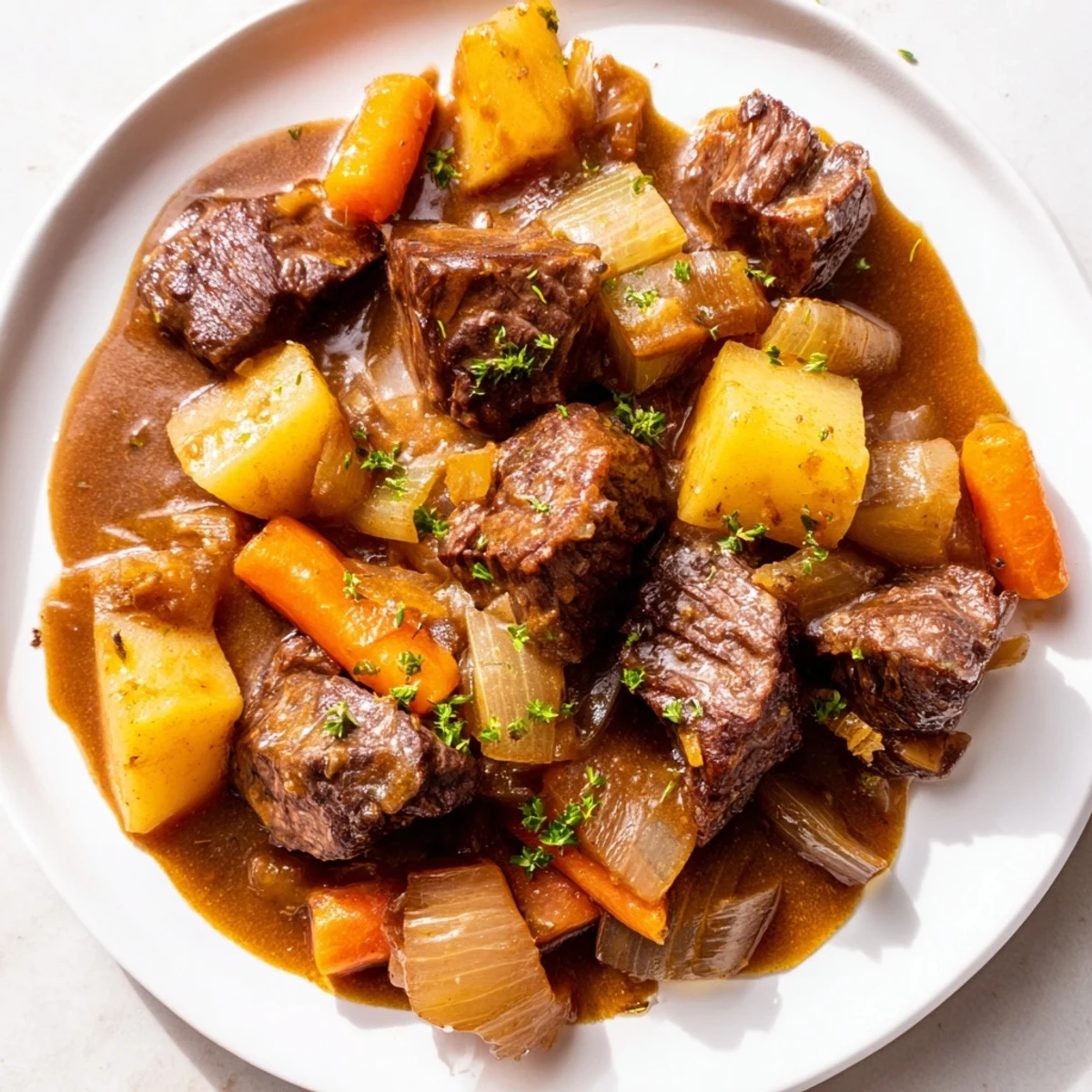 Comforting Beef Stew with Root Vegetables in a cast iron pot, surrounded by fresh ingredients on a wooden table.