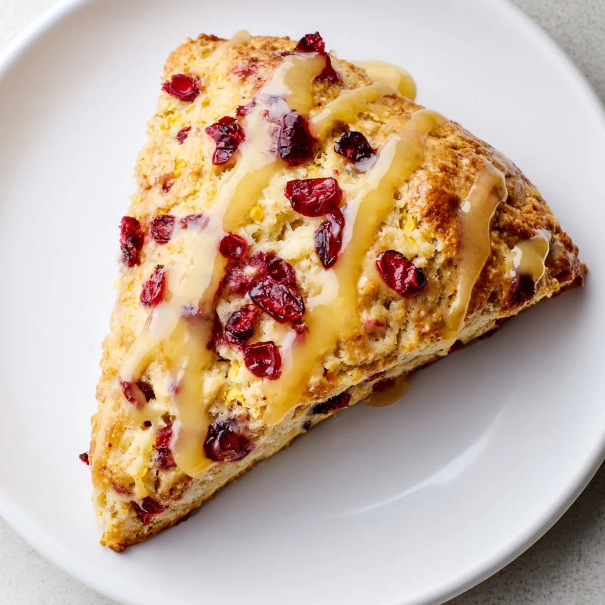 Flaky Cranberry Orange Scones with Orange Glaze fresh from the oven on a rustic wooden board.