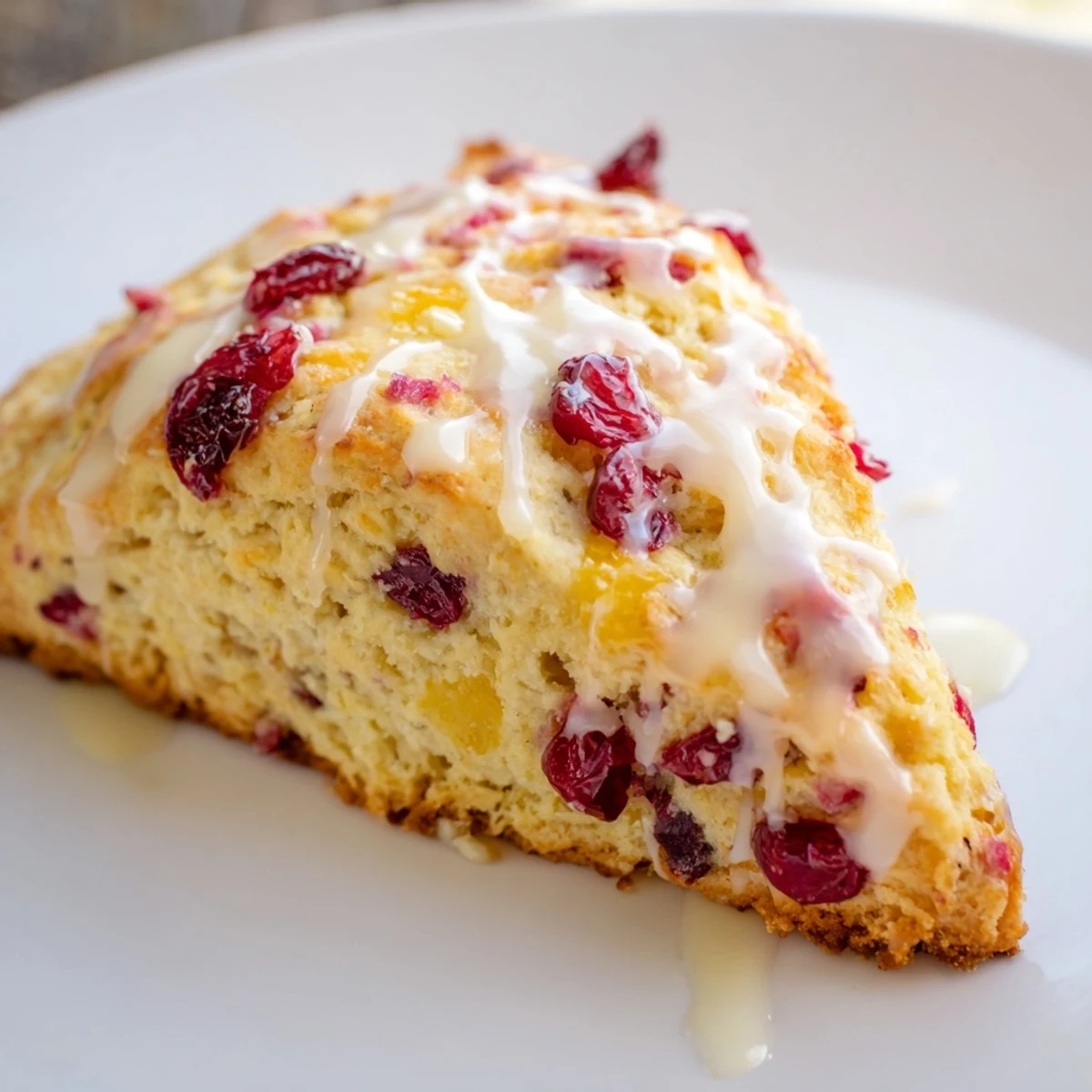 Warm Cranberry Orange Scones with Orange Glaze drizzled with sweet citrus glaze beside a teacup.