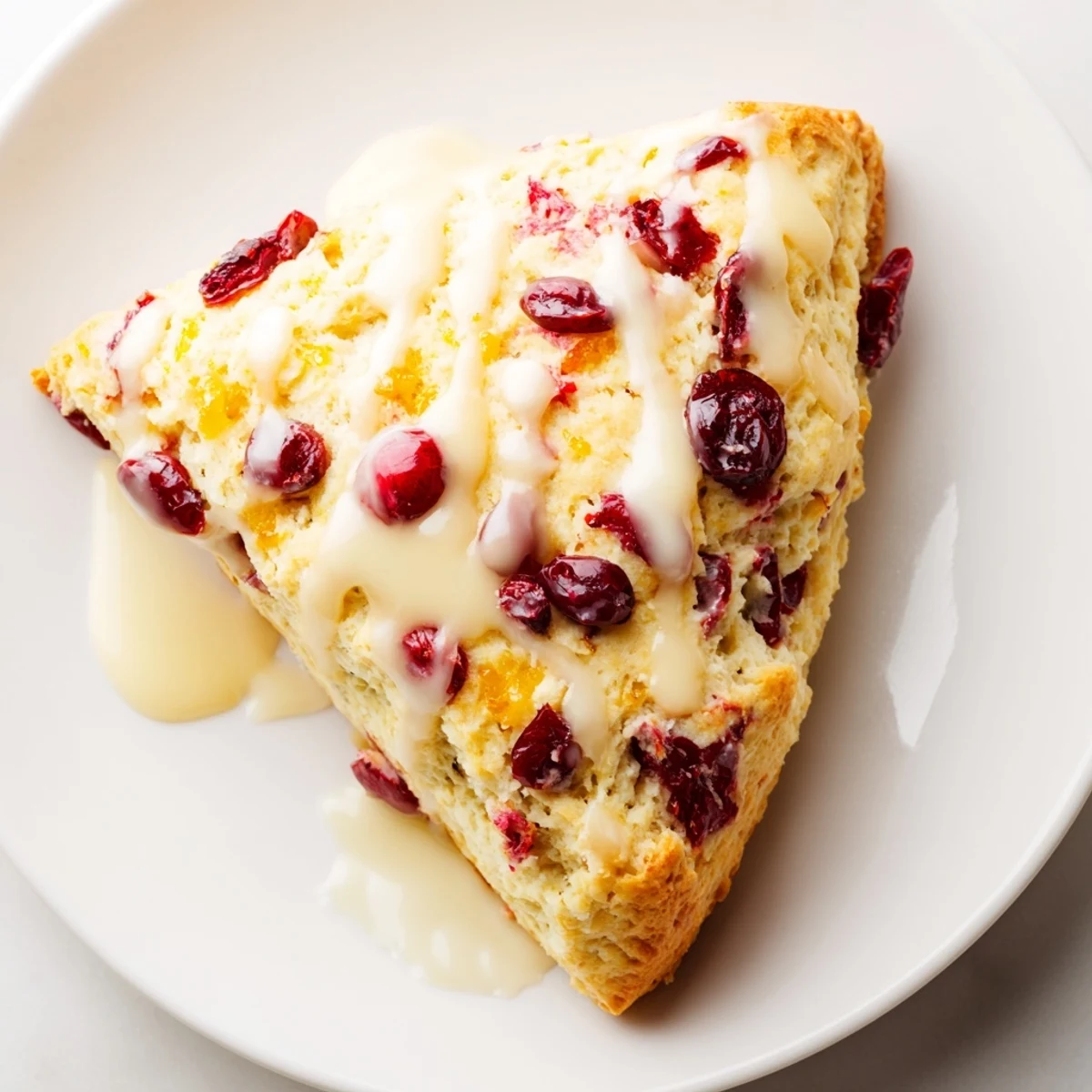 Close-up of golden-brown Cranberry Orange Scones with Orange Glaze showing cranberry specks and glossy drizzle.