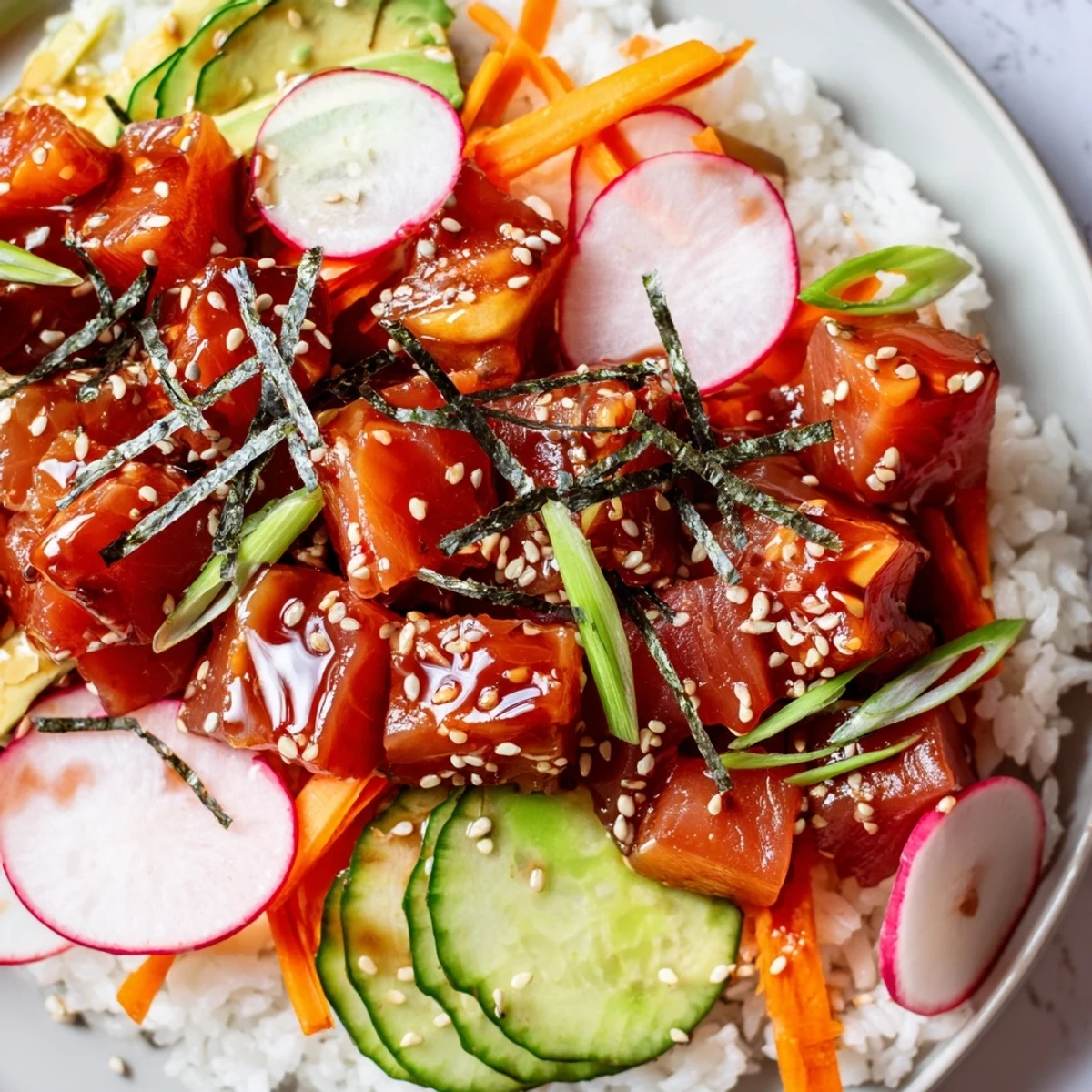 Brightly colored spicy tuna poke bowl with avocado, crisp cucumbers, and carrots in a rustic kitchen setting.