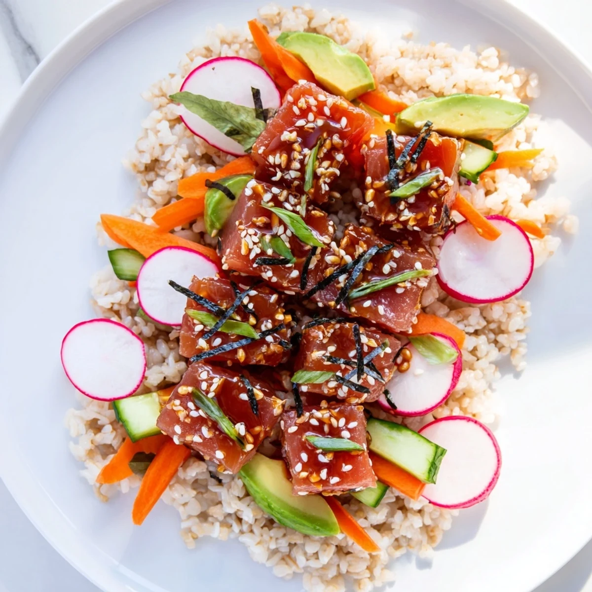 Healthy spicy tuna poke bowl with creamy avocado and fresh toppings, ready to serve with chopsticks.