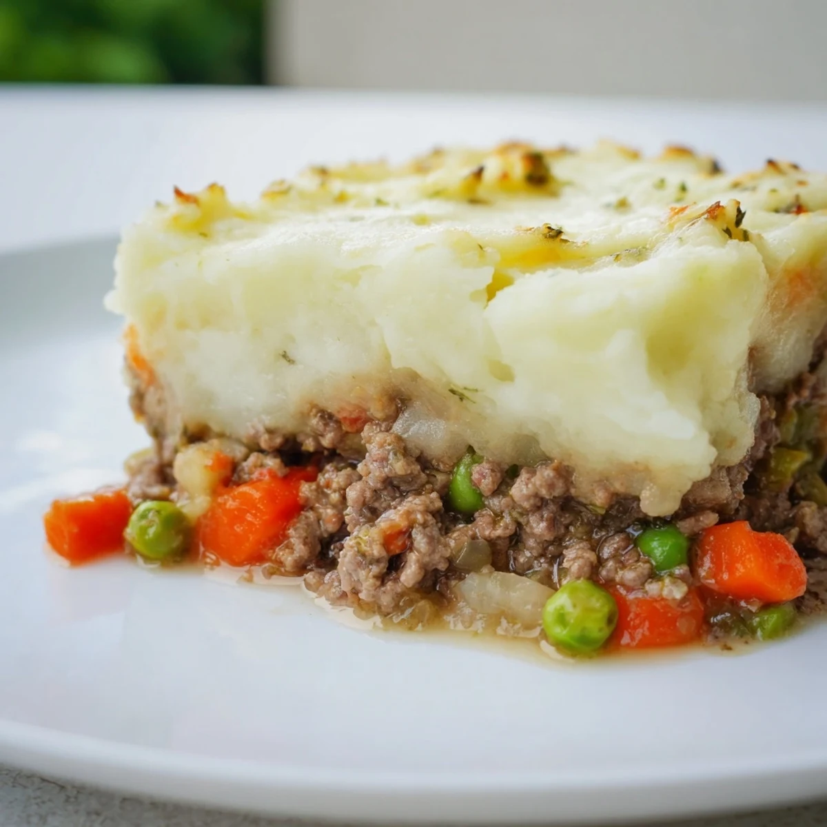 Golden-brown Beef Shepherds Pie with Cauliflower Mash bubbling with savory beef and peas in a baking dish.