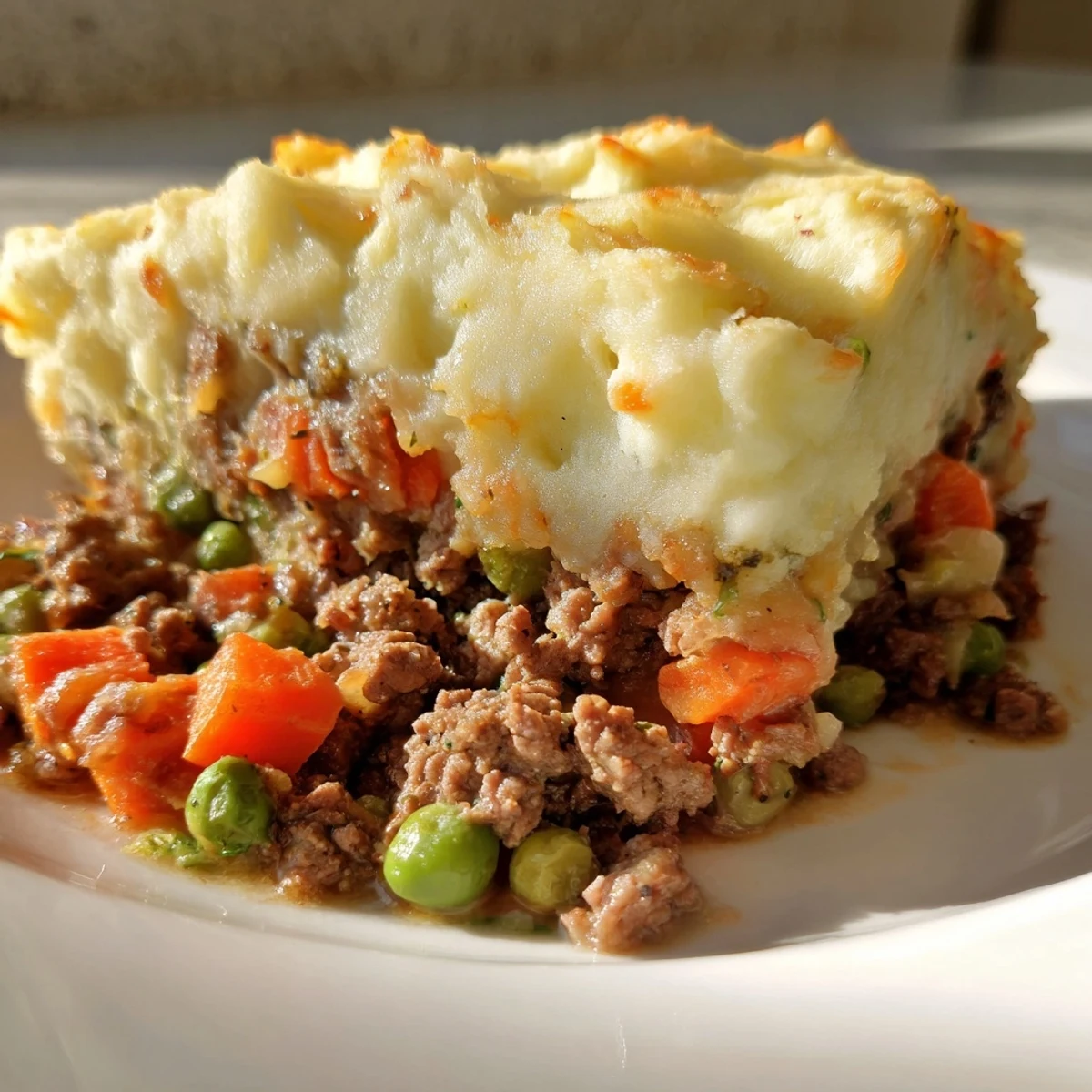 Close-up of creamy white cauliflower mash topping Beef Shepherds Pie, revealing rich beef filling with vegetables.