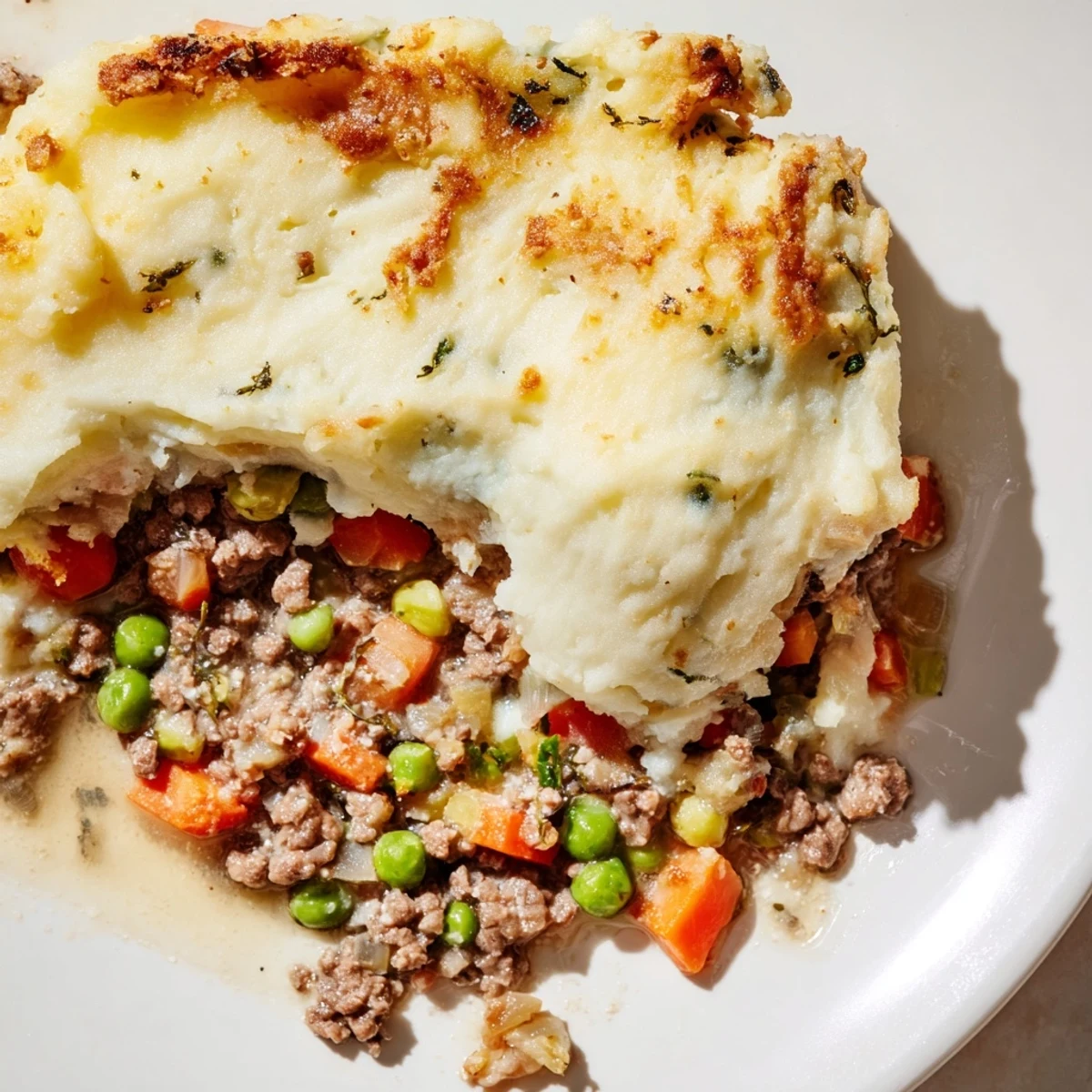 A serving of Beef Shepherds Pie with Cauliflower Mash plated next to a crisp side salad.