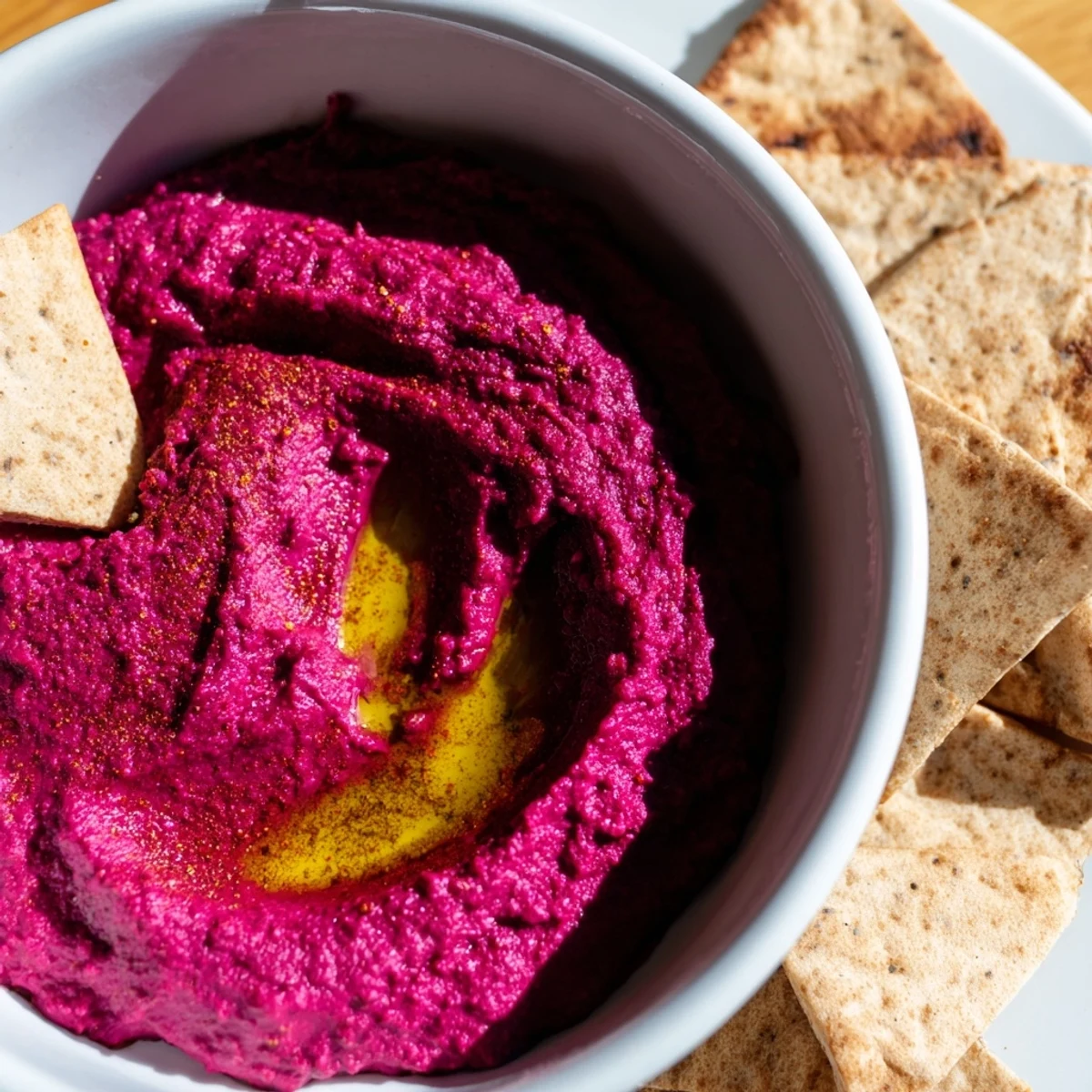 Overhead view of Roasted Beet Hummus showing its pink hue, served with crunchy pita triangles on a platter.
