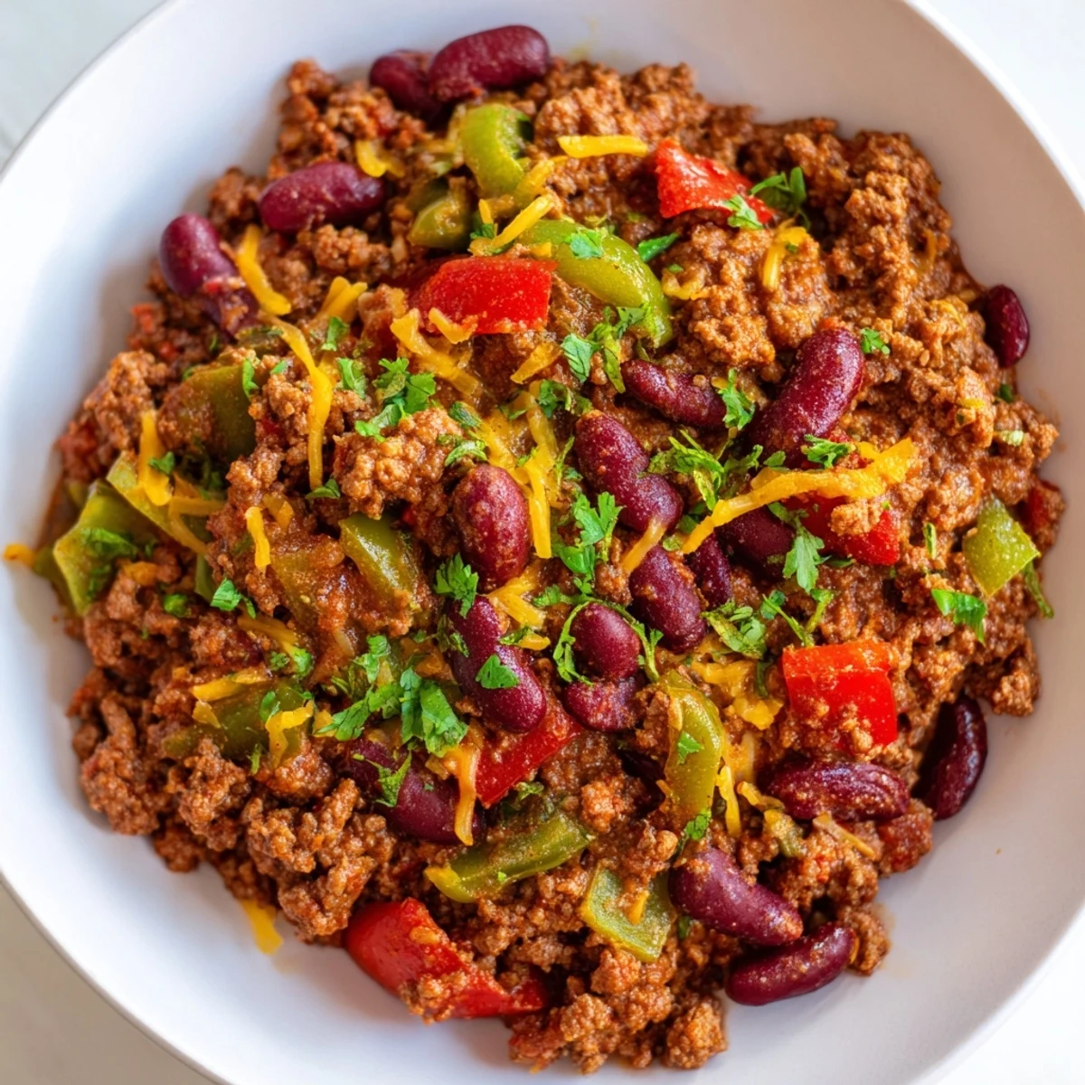 A hearty bowl of Spicy Beef Chili with Kidney Beans topped with melted cheddar cheese and sour cream.