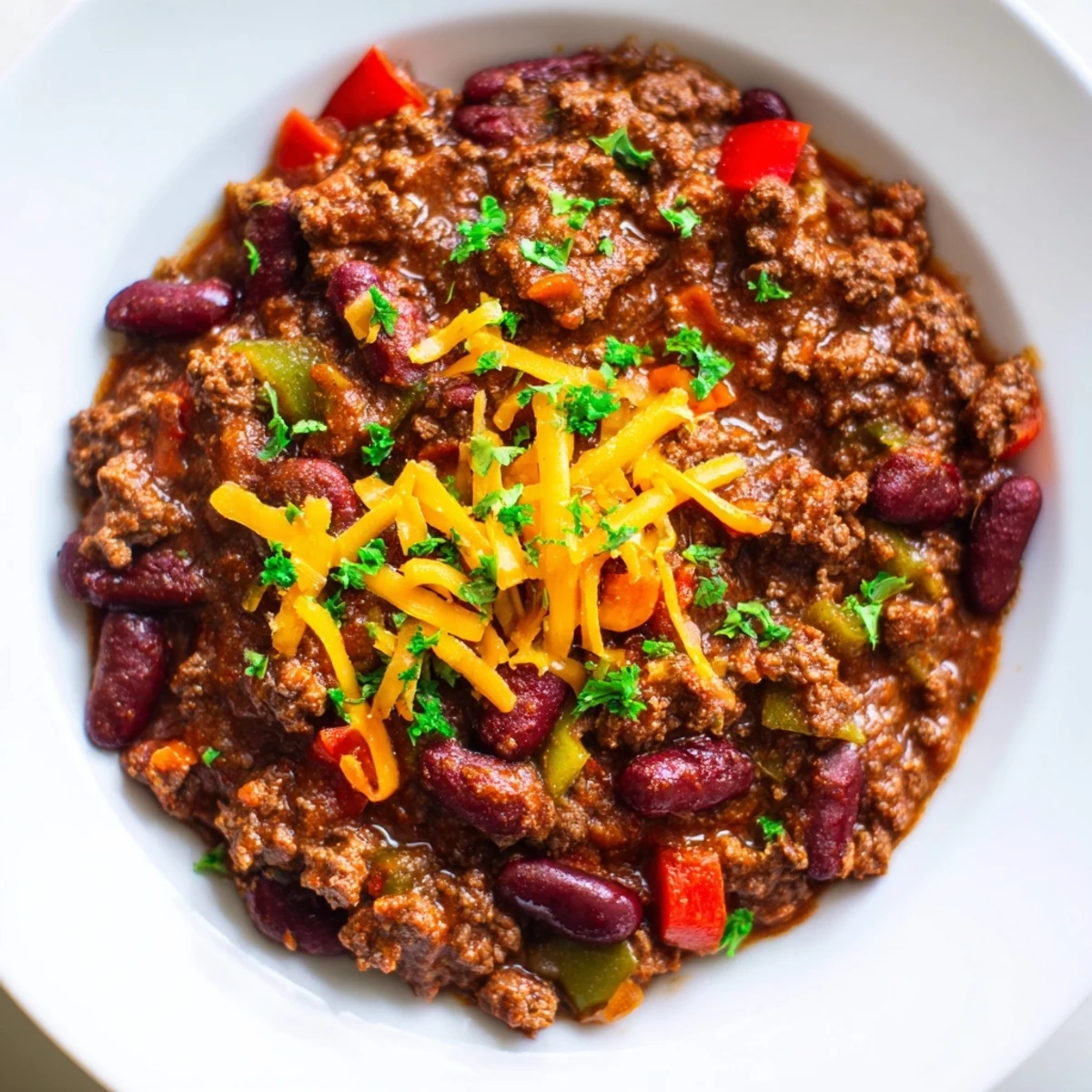 This close-up shot of Spicy Beef Chili with Kidney Beans shows tender beef and beans in a rich tomato broth.